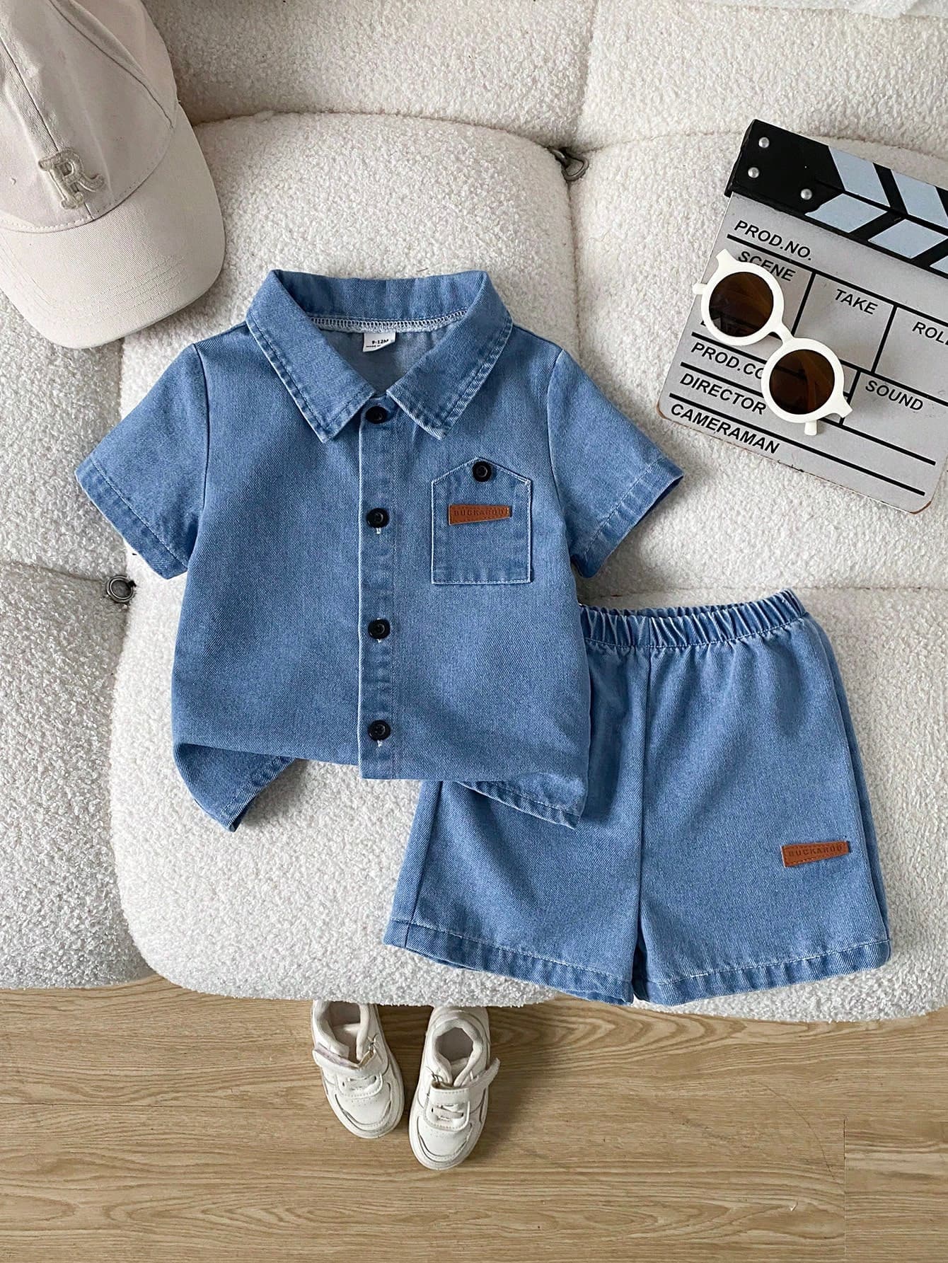 SHEIN Playful Pals 2pcs Infant Baby Boy Summer Blue Denim Set Fashionable Lapel Short Sleeve Cardigan Top&Shorts Minimalist Casual Beach Outfit Loose Fit Toddler Clothes