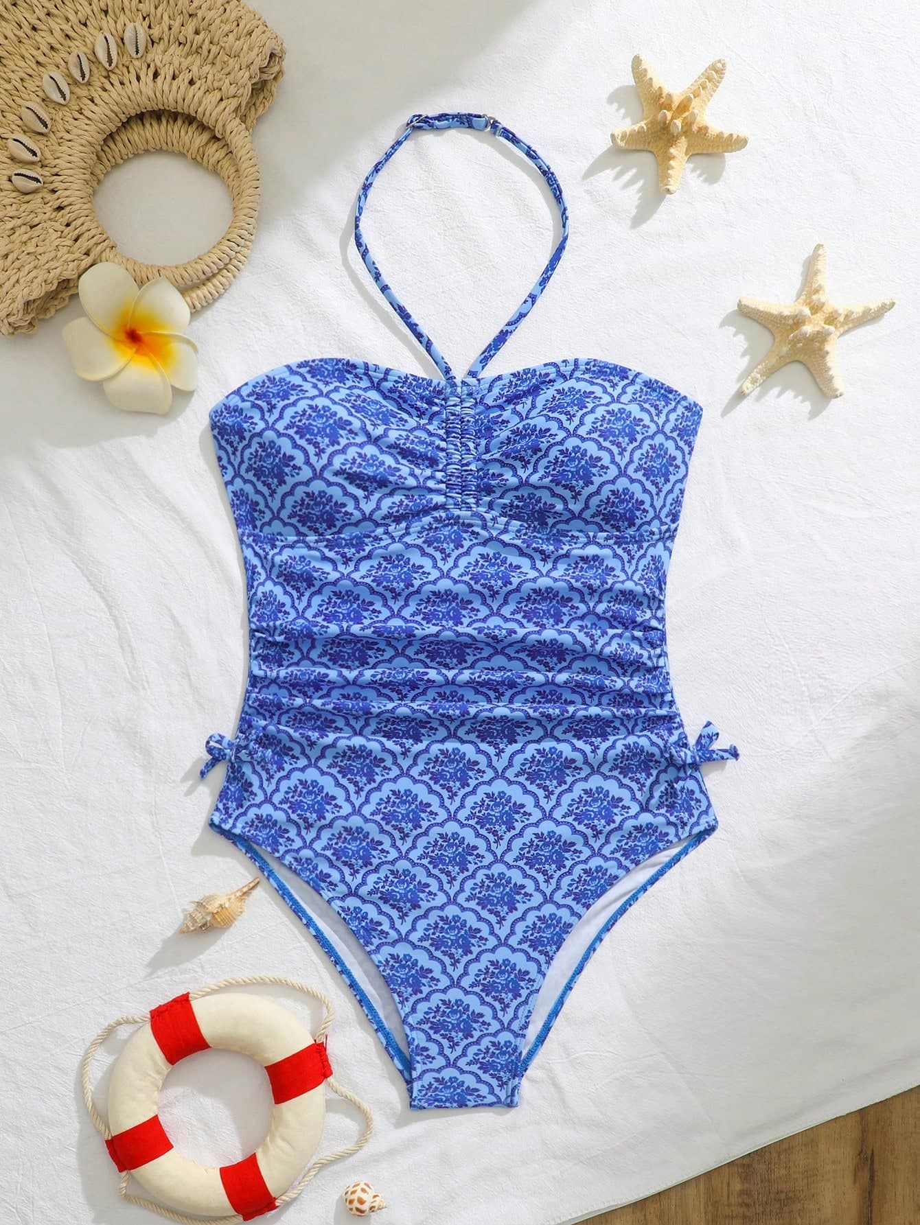 SHEIN Tween Girl Baby Blue Tropical Floral One-Piece Swimsuit,Knit Fabric Quick-Dry Comfortable Swimwear For Summer,Boho,Beach,Vacation,Holiday,Seaside