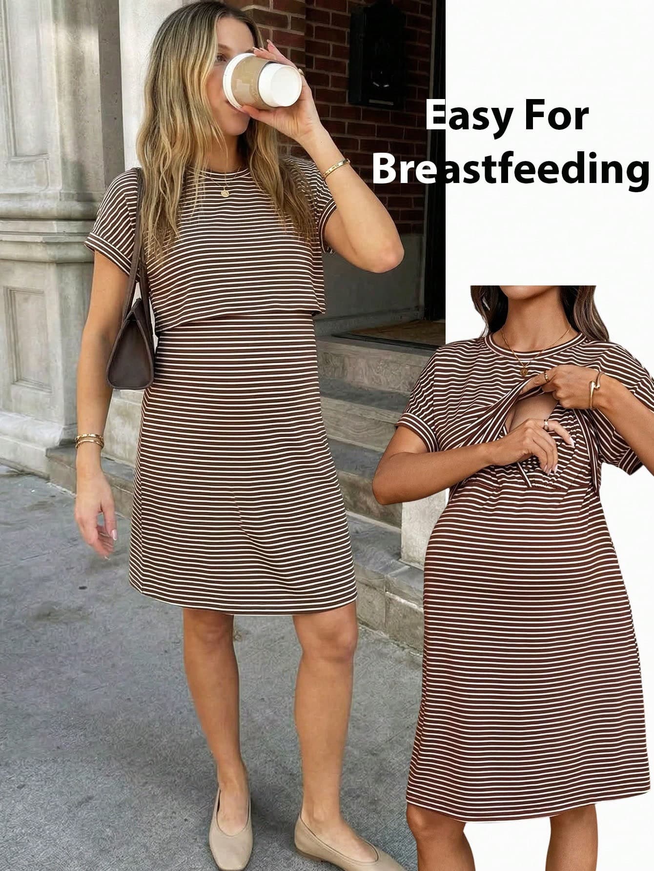 SHEIN Maternity Summer Casual Striped Nursing Dress Summer Outfits  Vacation Outfits Casual World Cup