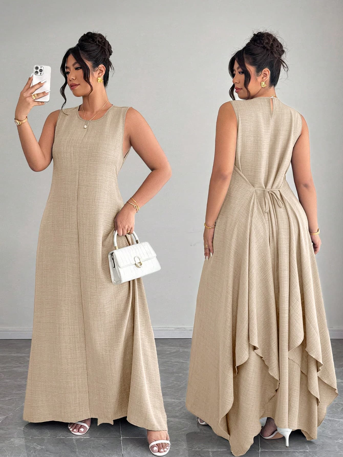 Elenzga Plus Size Women Elegant Commute Vacation Casual Daily Outgoing Tie-Up Waist A-Line Asymmetric Hem Dress