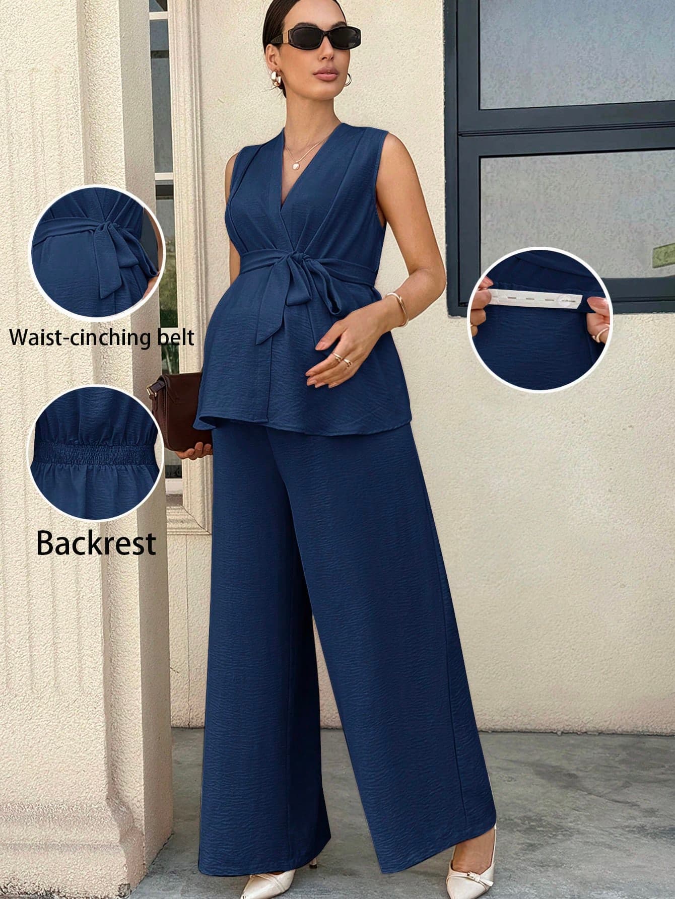 MaterniWear Maternity Navy Blue Elegant Summer 2 Pieces Set, V-Neck Sleeveless Top And Pants Outfit For Pregnant Woman, Business Casual Suit, Maternity Photoshoot