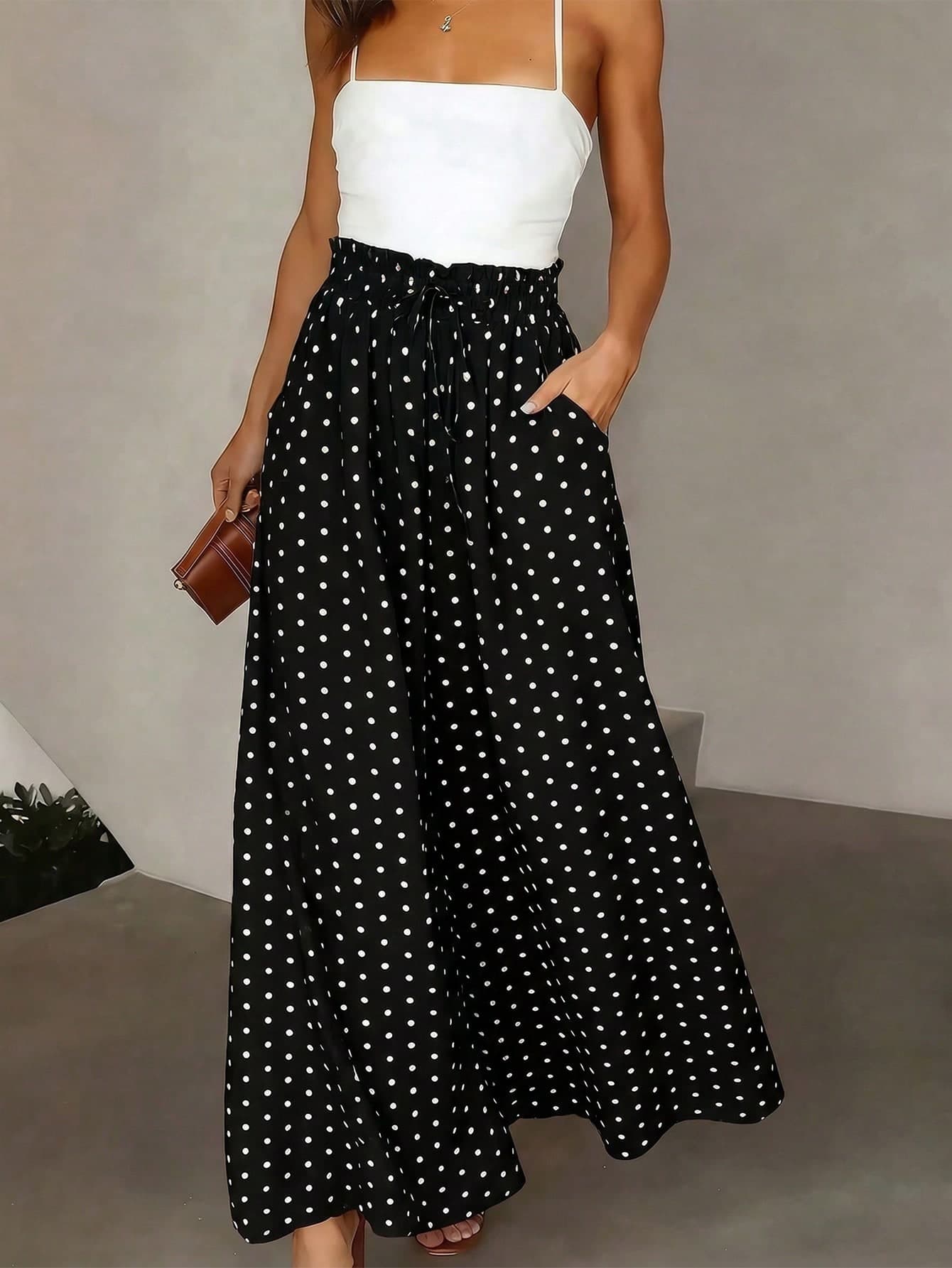 Pariaura Grandma Women's French Elegant Retro Polka Dot Wide-Leg Pants, High-Waisted Drawstring Chiffon Drape Texture Office Casual Relaxed Summer Pants