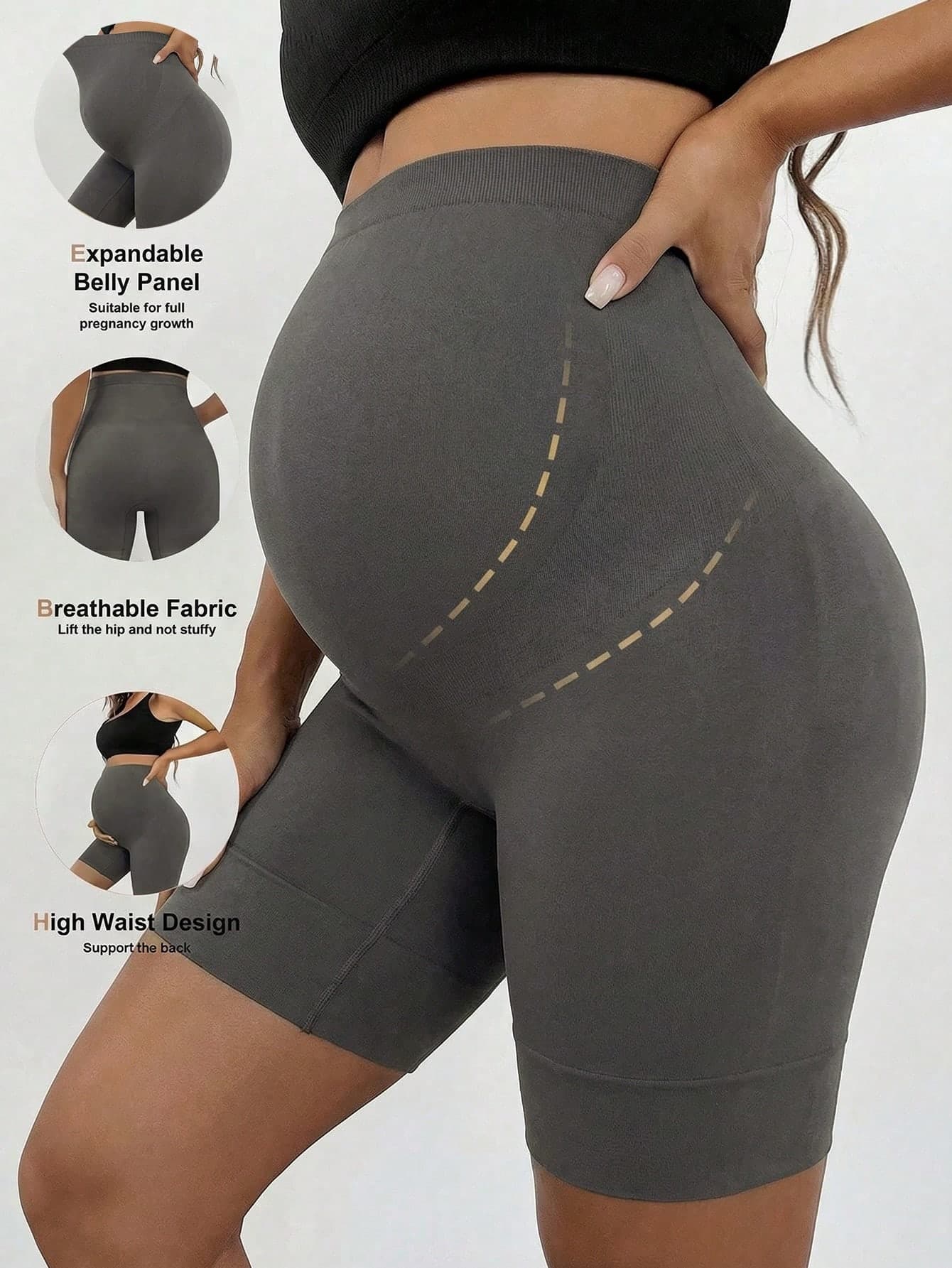 SHEIN Maternity Shorts Seamless Steel Gray Sports Leggings With Super High Elasticity,Support Shapewear Pregnancy Underwear,Plain Grey,Sommar,Casual,Gym