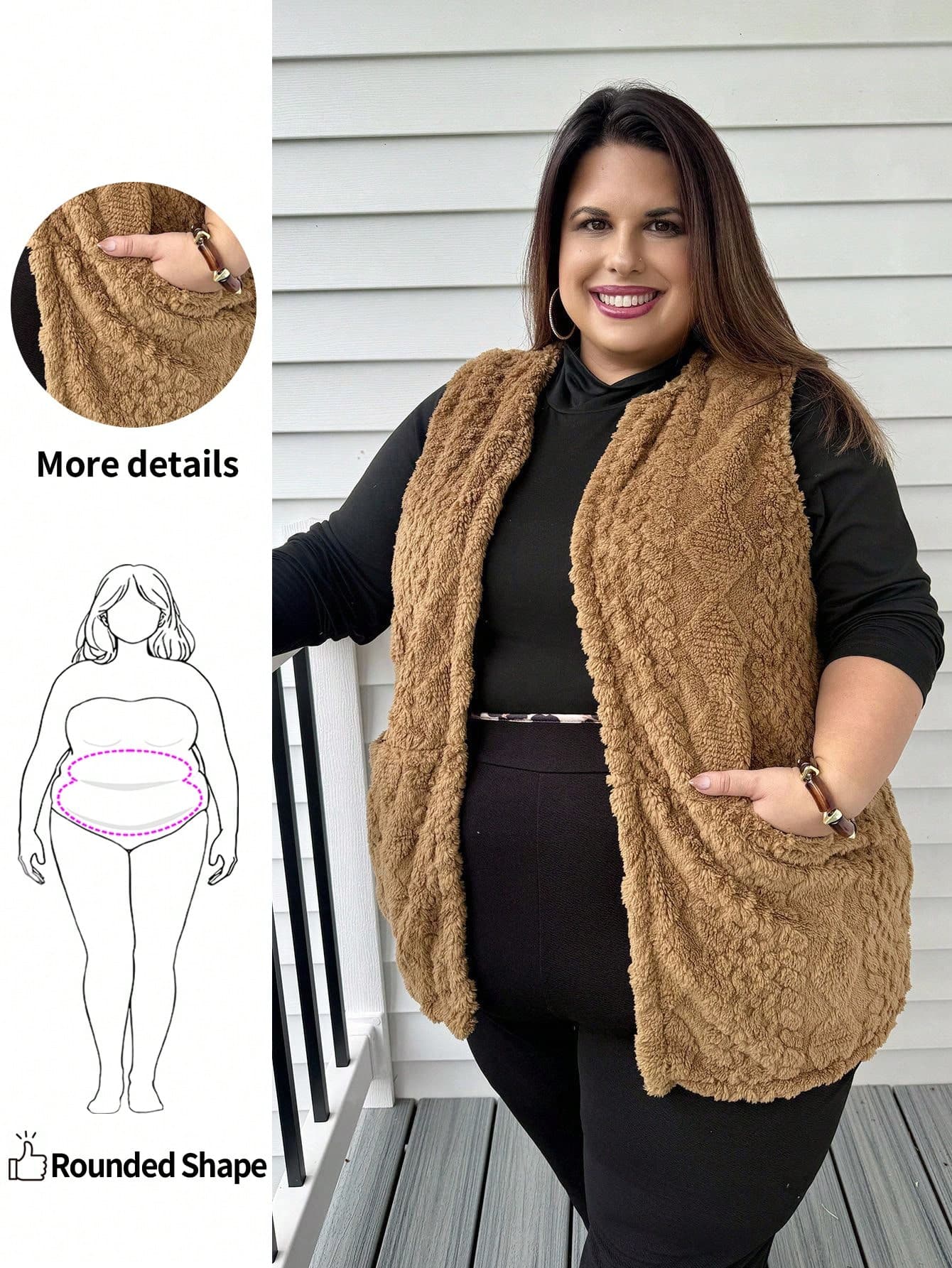 Enliva Plus Size Women Casual Fuzzy Texture Double Pocket Front Open Vest, Suitable For Autumn Plus Size Fall Clothes Winter