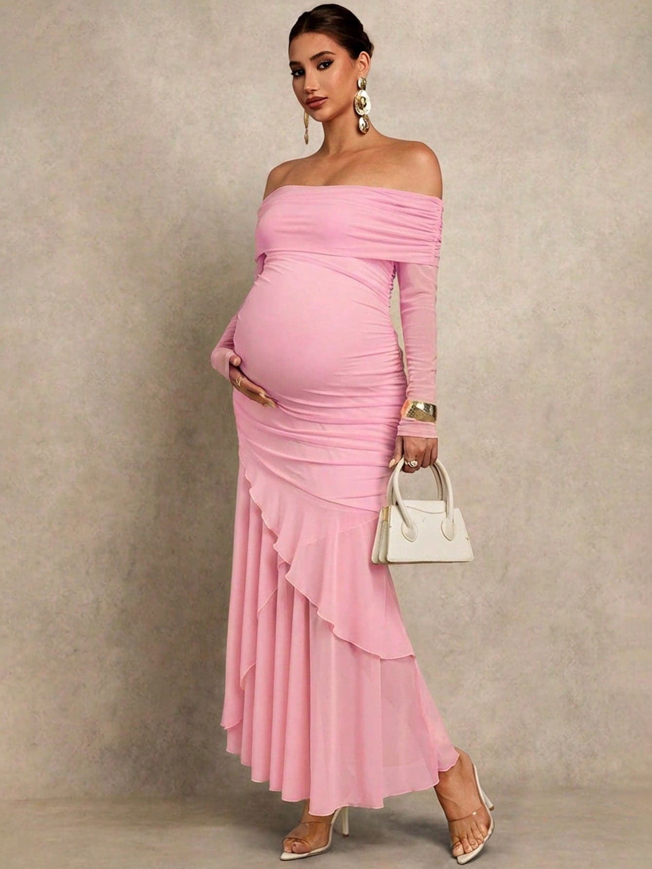 MaterniChic Elegant Solid Color Off-Shoulder Long Sleeve Maternity Dress Fall