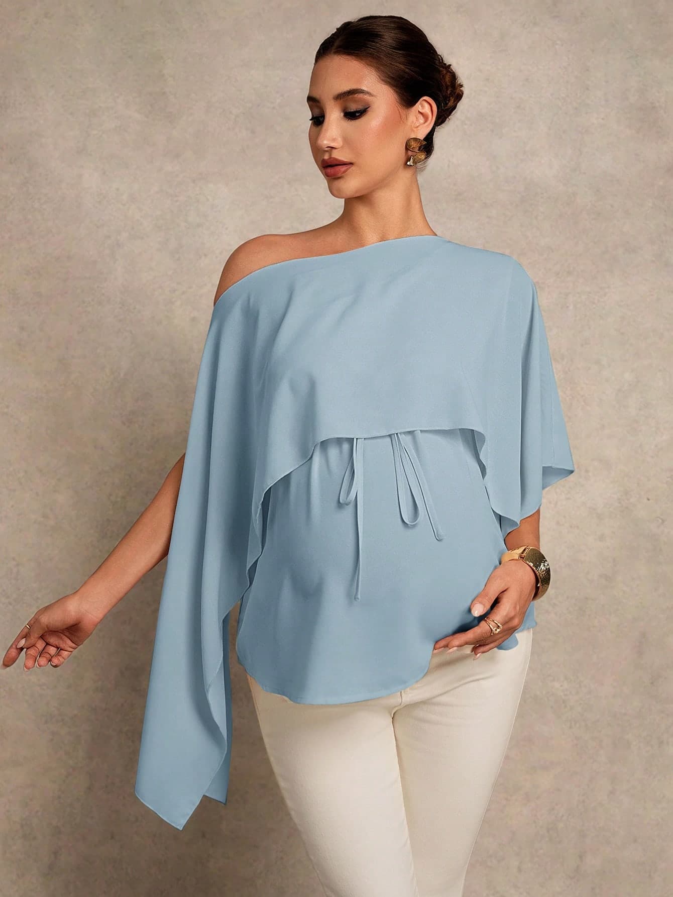 MaterniChic Maternity Solid Color Asymmetric Neck Twist Elegant Blouse