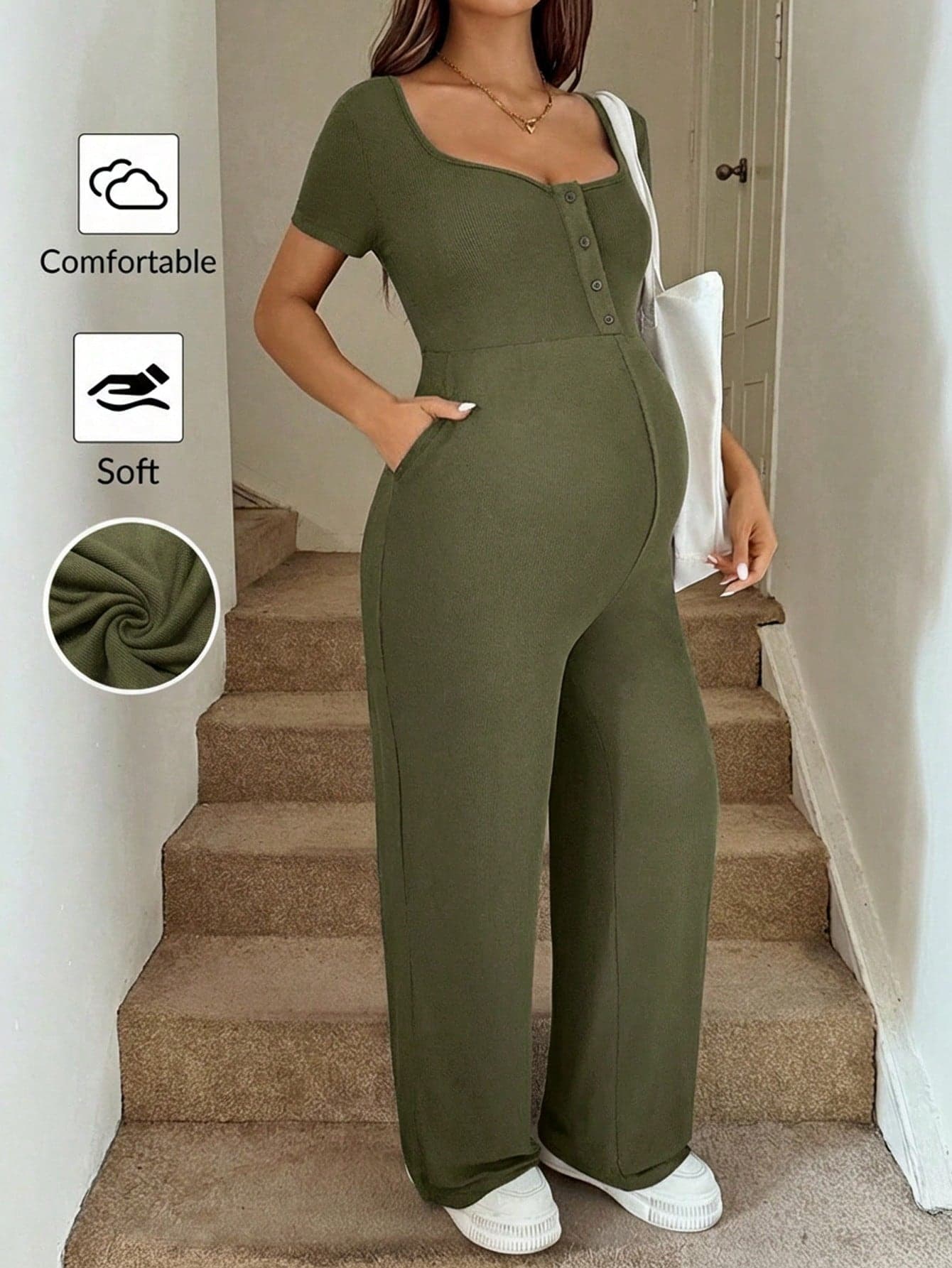 SHEIN Pregnant Women's Plain Color Patchwork Front Button Tie Waist Casual Jumpsuit