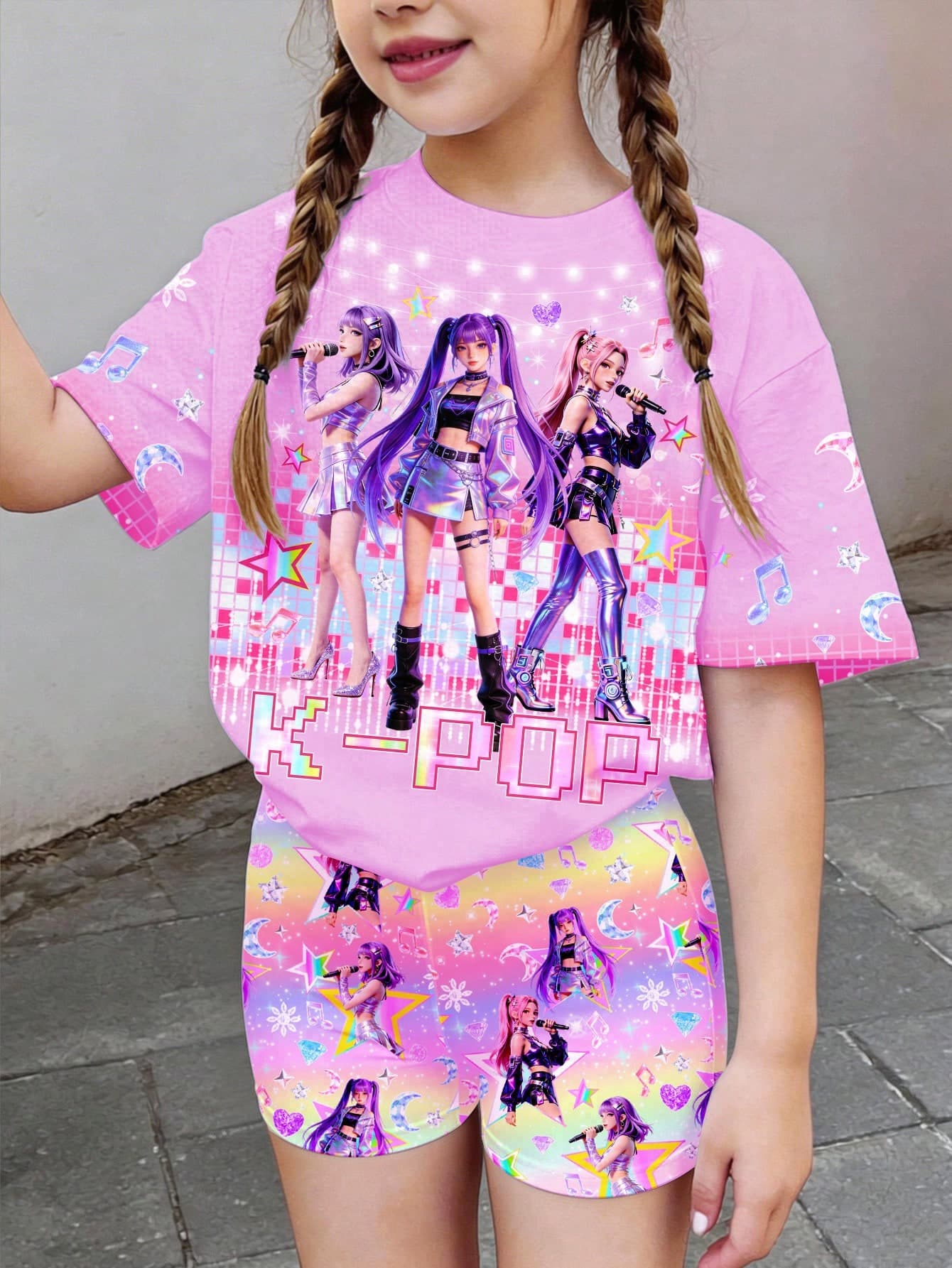 SHEIN 2pcs/Set Cartoon Girl,Dopamine Colorful Ombre,K-Pop Superstars,Chill Young Casual Minimalist Short Sleeve T-Shirt And Shorts Summer Outfit