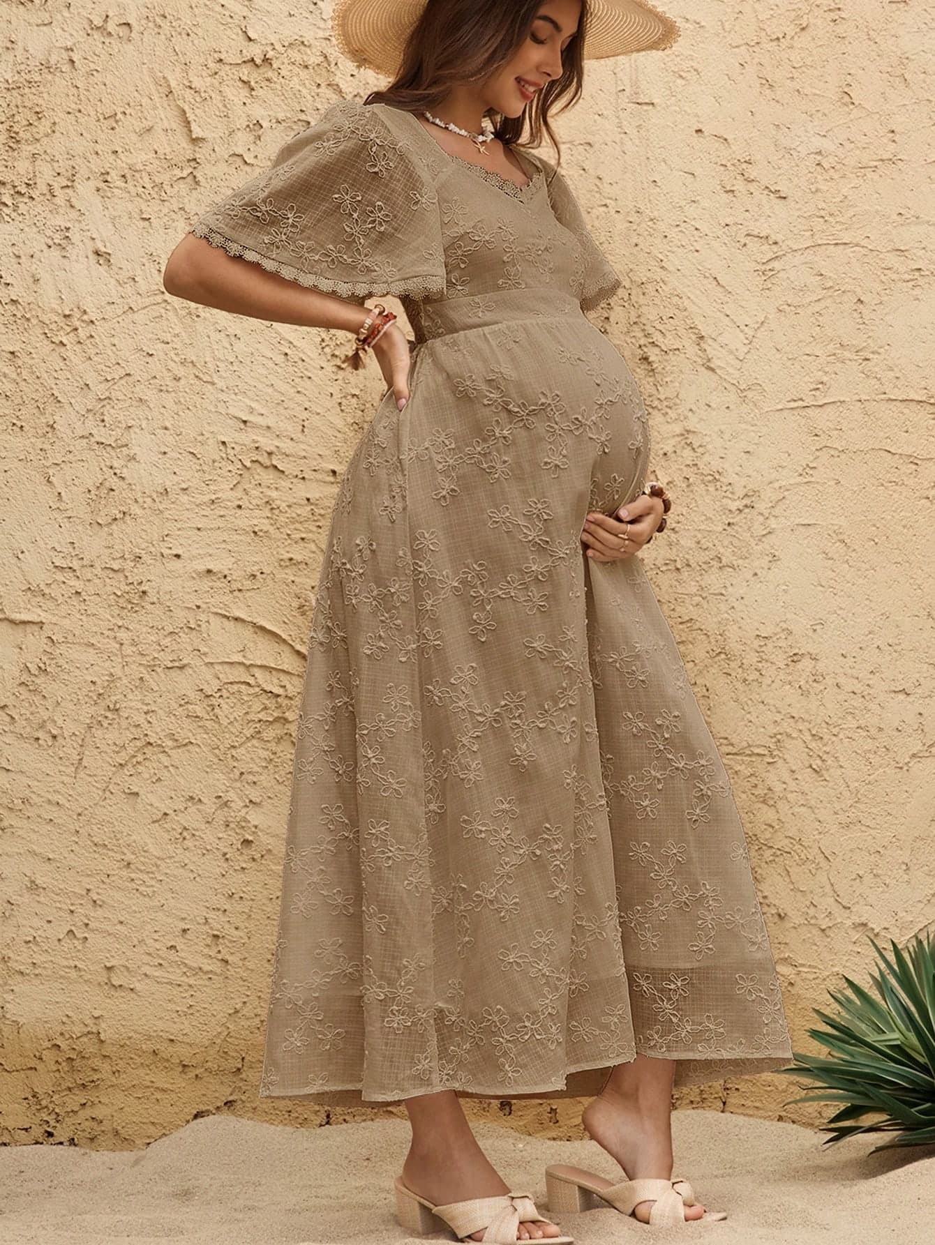 Boho Mama Women's Maternity Blue Butterfly Summer Casual Holiday Elegant Backless Heart Neck Embroidered Boho Dress, Pregnant Fashionable Photoshoot Outfits