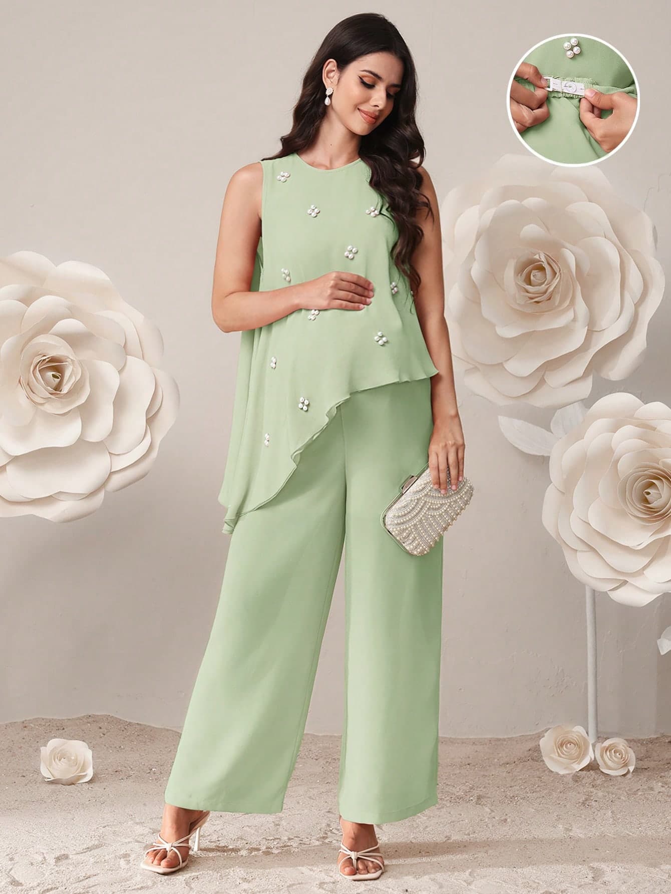 SHEIN Maternity Solid Color Round Neck Sleeveless Asymmetrical Hem Elegant 2 Pieces Set, Summer