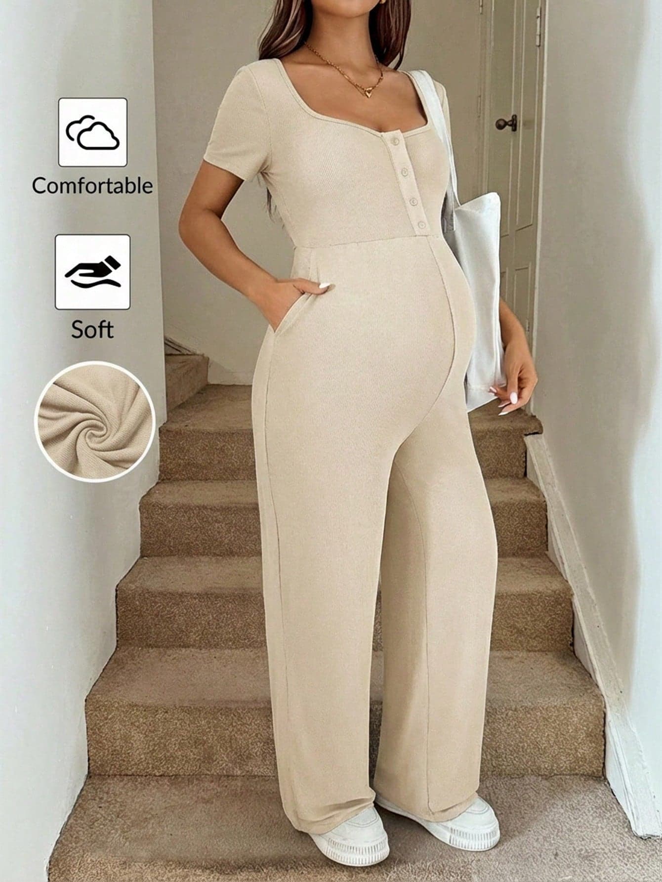 SHEIN Pregnant Women's Plain Color Patchwork Front Button Tie Waist Casual Jumpsuit