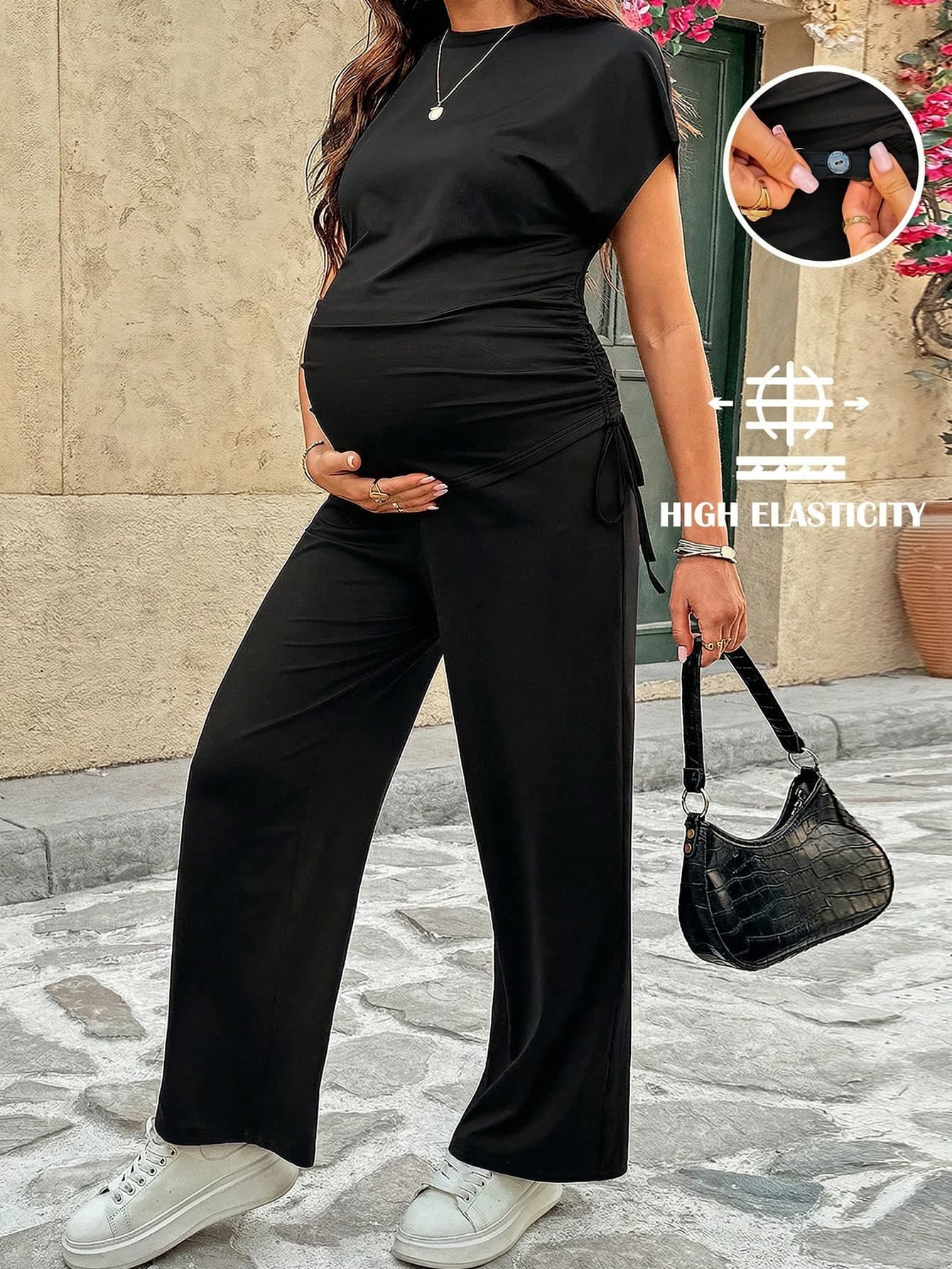 SHEIN Maternity Solid Color Round Neck Drawstring Short Sleeve Top And Pants Casual 2 Pieces Set