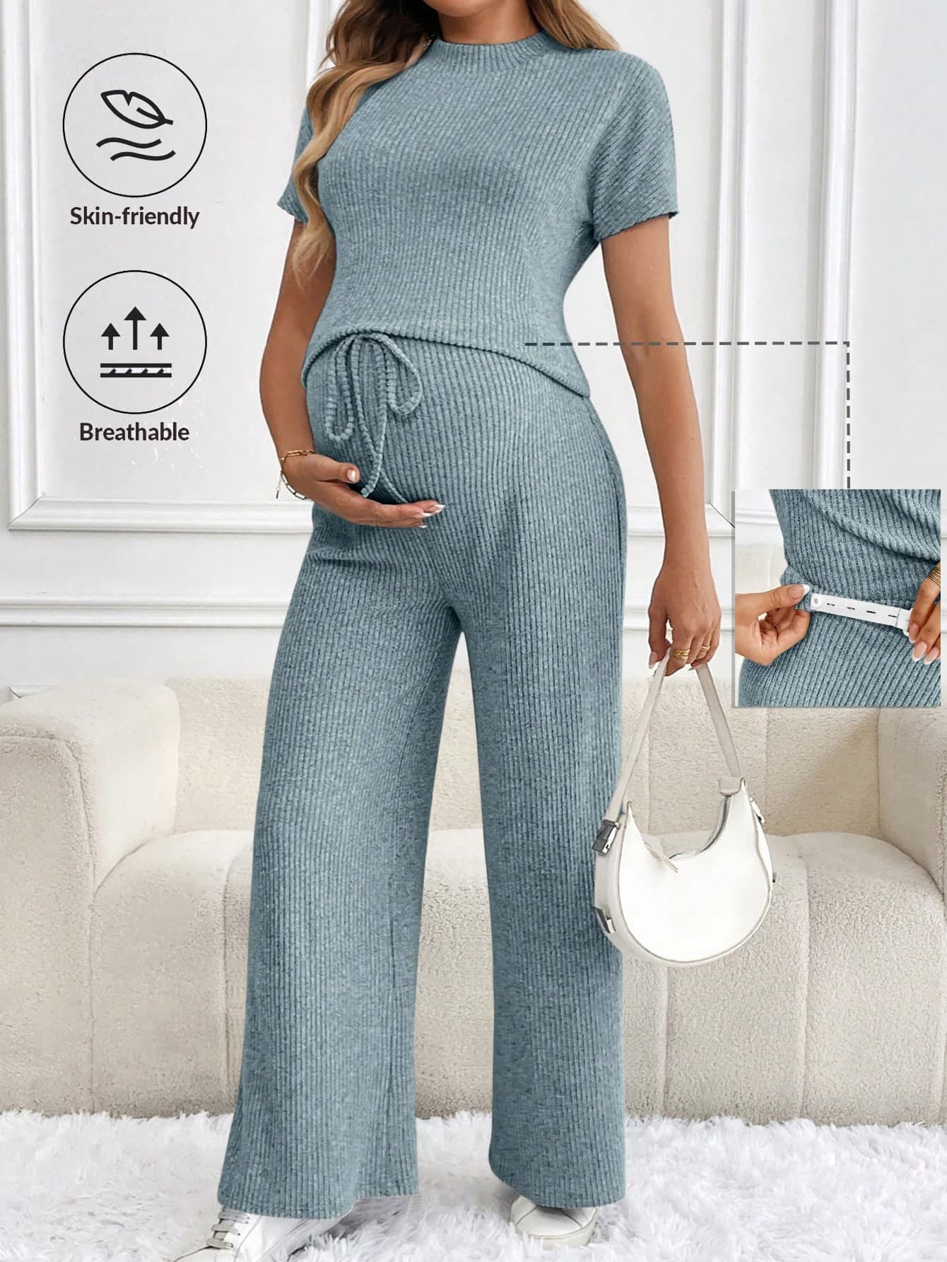 SHEIN Maternity Solid Color Short Sleeve Top And Adjustable Waist Wide Leg Pants Casual Daily Outfit