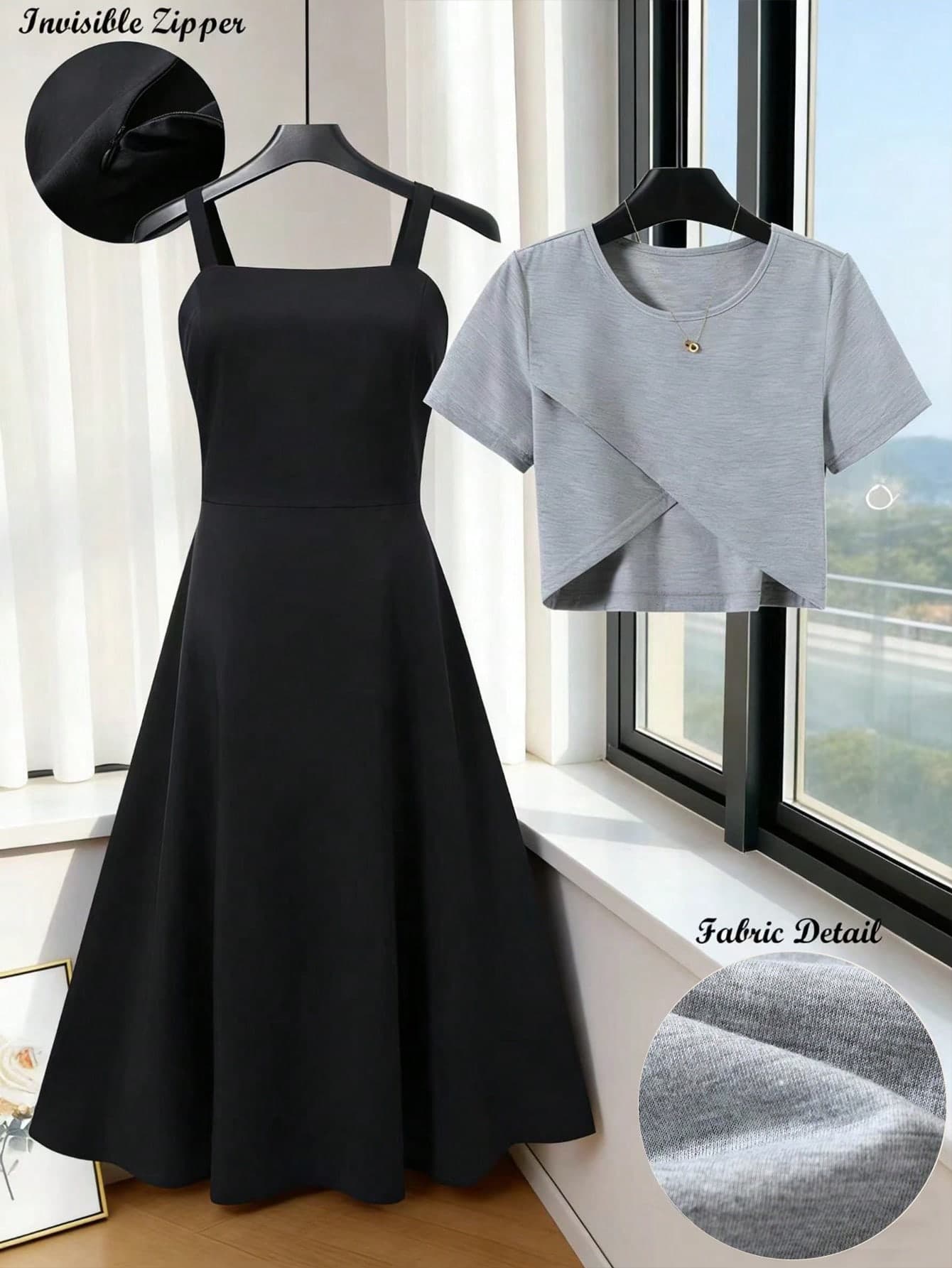 GlowEve Women's Solid Color Dress And Round Neck Asymmetric Hem Short Sleeve Top Casual Daily Date Outfit Set