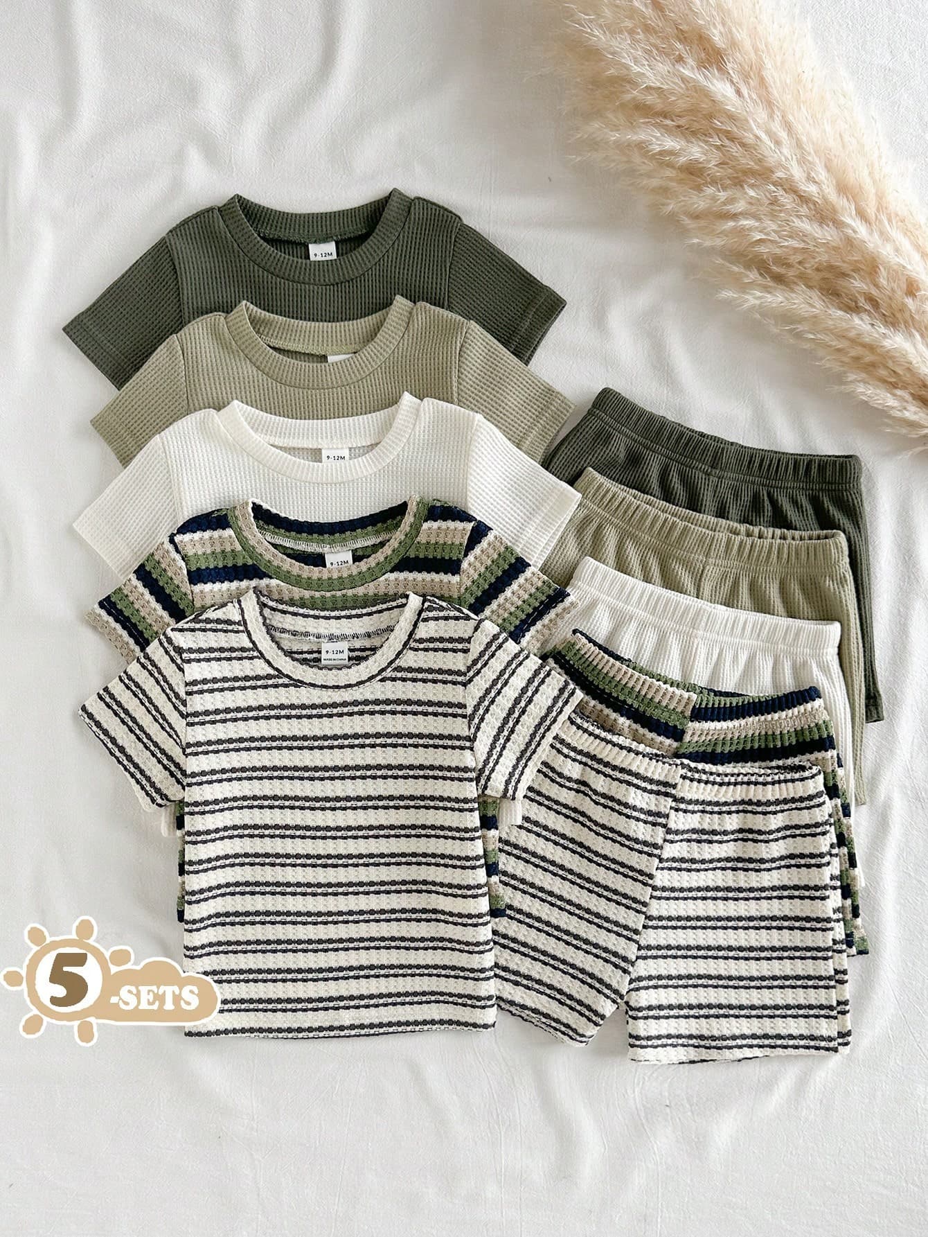 SHEIN Vintaside Kids Baby Boy 10-Piece Summer Casual Waffle Knit T-Shirt & Shorts Set,Blue White Stripe,Short-Sleeved Round-Neck Loose Fit Outfits,Family Matching Clothes