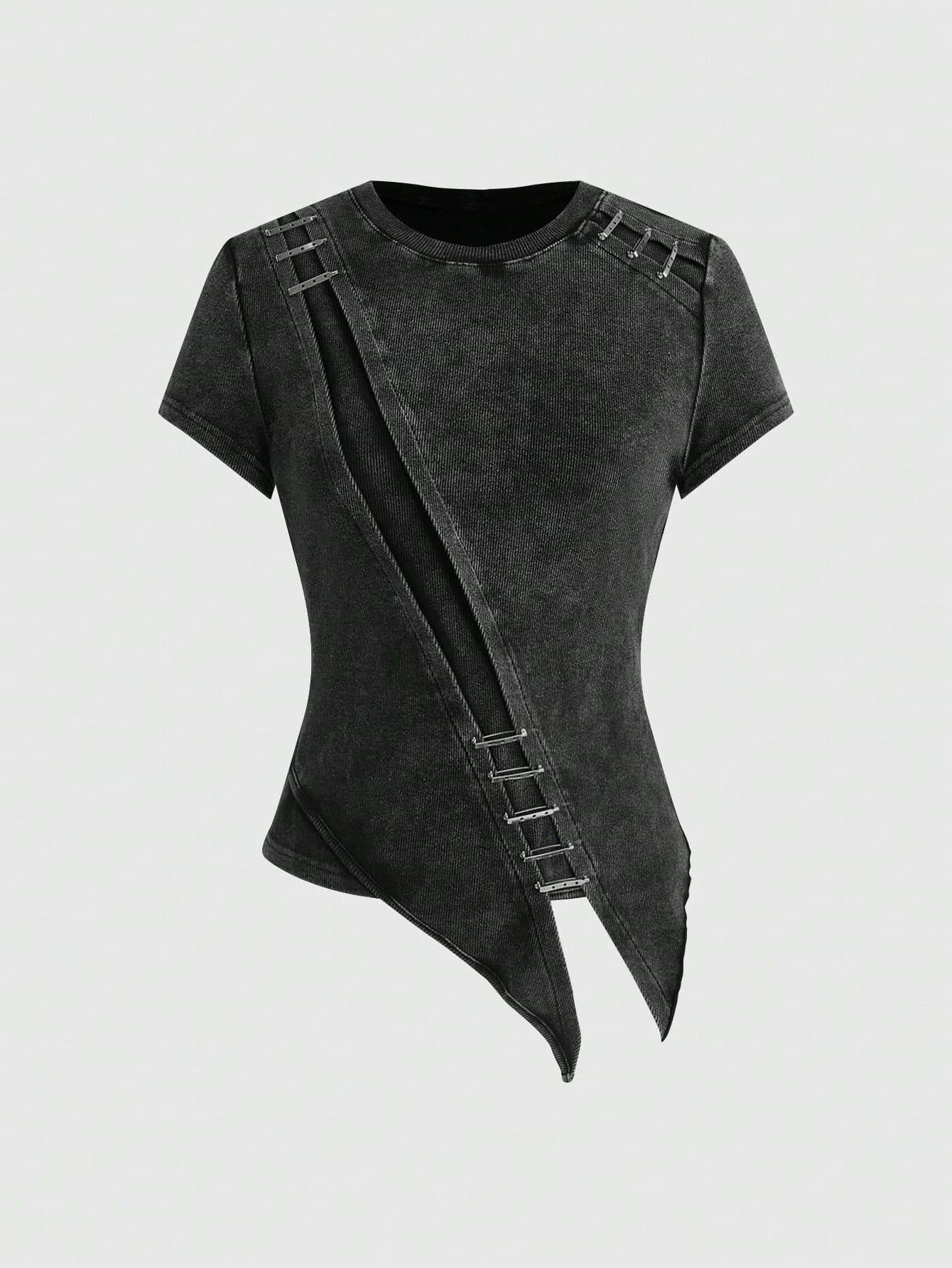 ROMWE Grunge Punk Y2k Punk Safety Pin Decor Asymmetrical Hem Snowflake Print Fitted Plus Size Women's T-Shirt