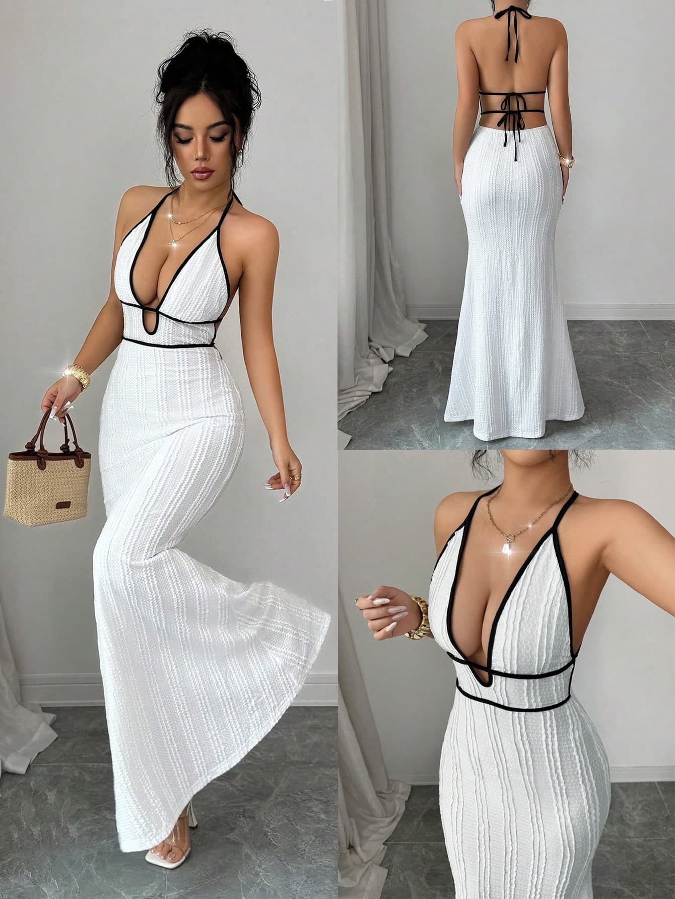 Rafferiza Women's Textured Bodycon Cami Dress, Sexy Vacation/Date Night Outfit, Black Trim, Spring/Summer