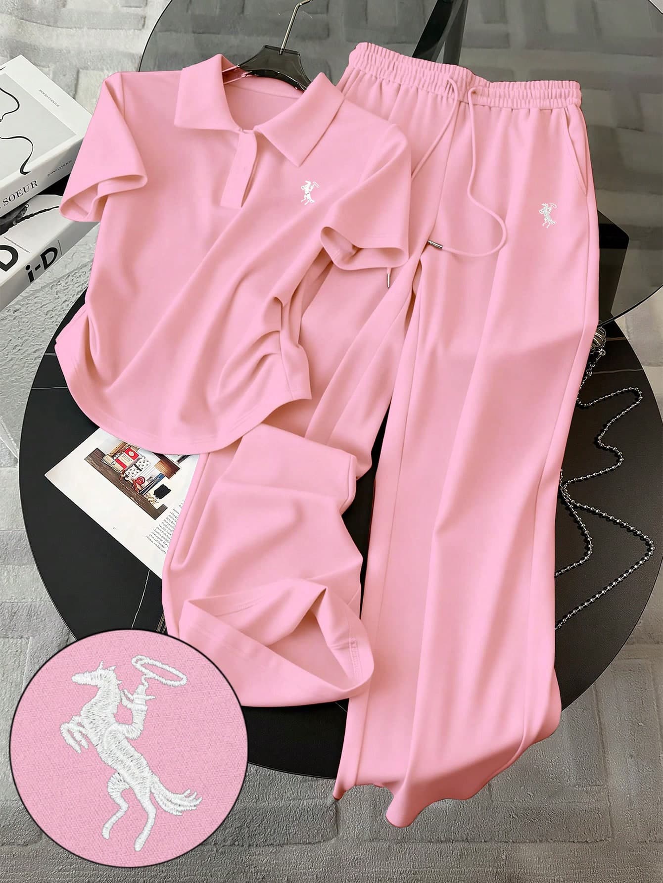 Resyla Embroidered Minimalist Polo Collar T-Shirt + Pants Set, Gift For Friends