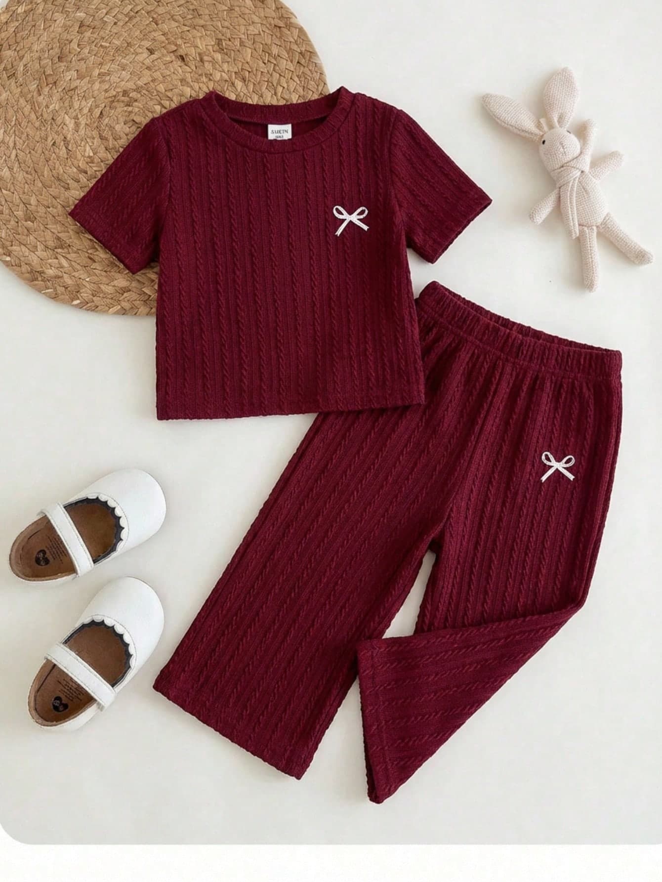 SHEIN 2pcs Baby Girl Casual Comfortable Round Neck Short Sleeve T-Shirt And Pants Set Red Set Burgundy Set Casual Baby Girl Sets Clothes, Baby Girl