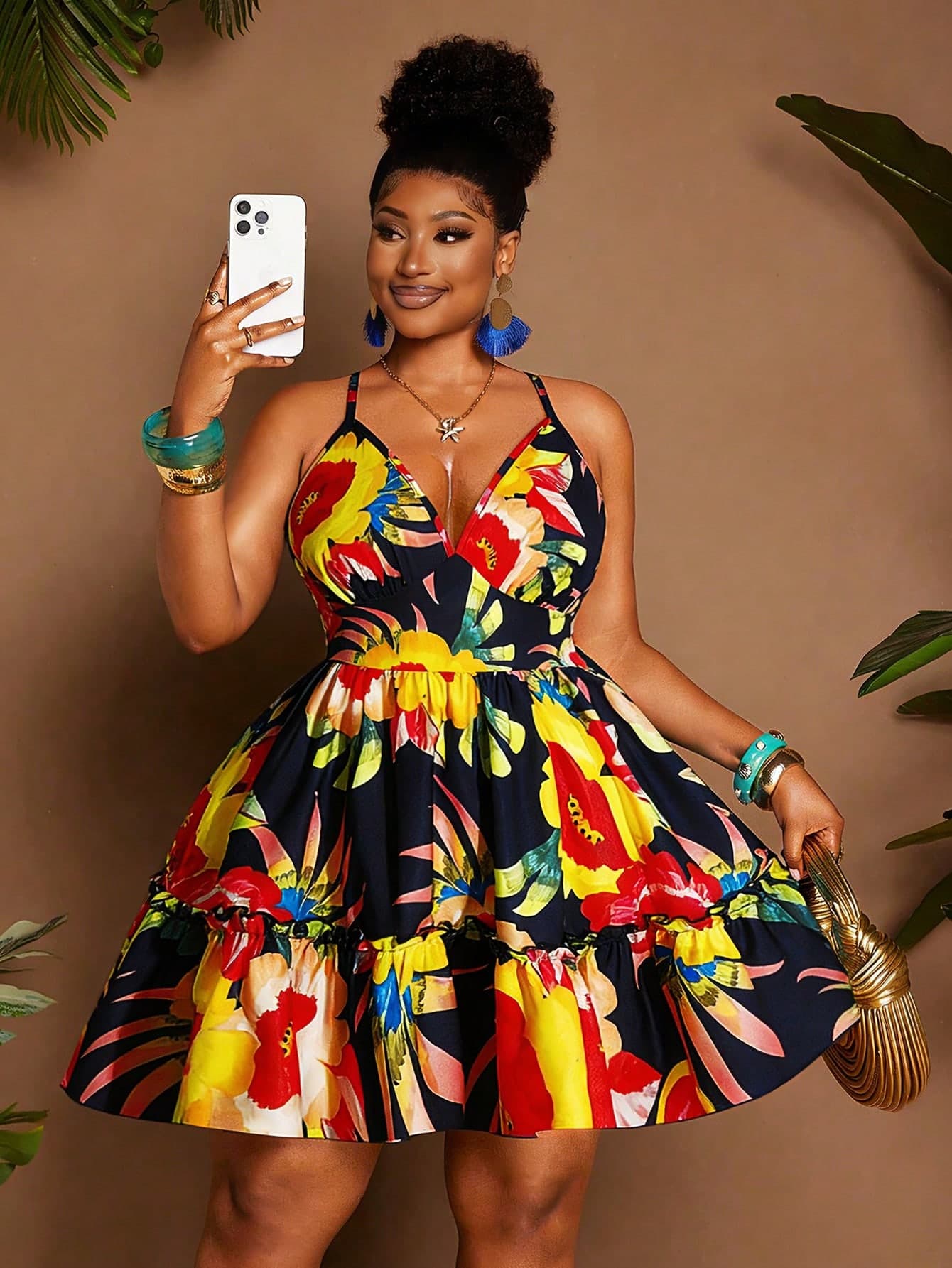 Maweii Plus Size Women's Tropical Floral Print Shirred Backless Elastic Waist Ruffled Hem Maxi Dress, Suitable For Party, Beach, Holiday