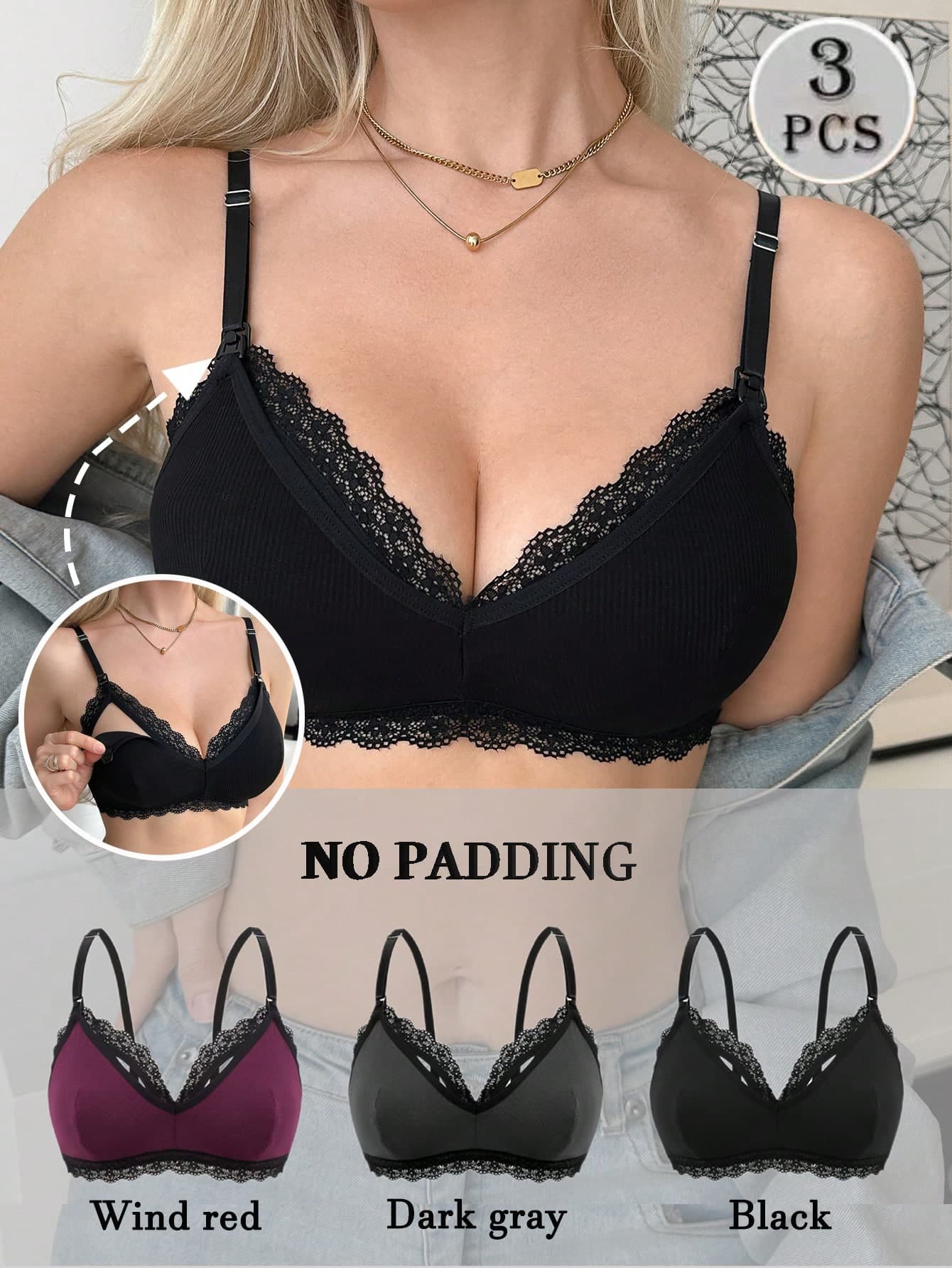 3pcs/Set Lace Patchwork Soft & Comfortable Maternity Nursing Bras