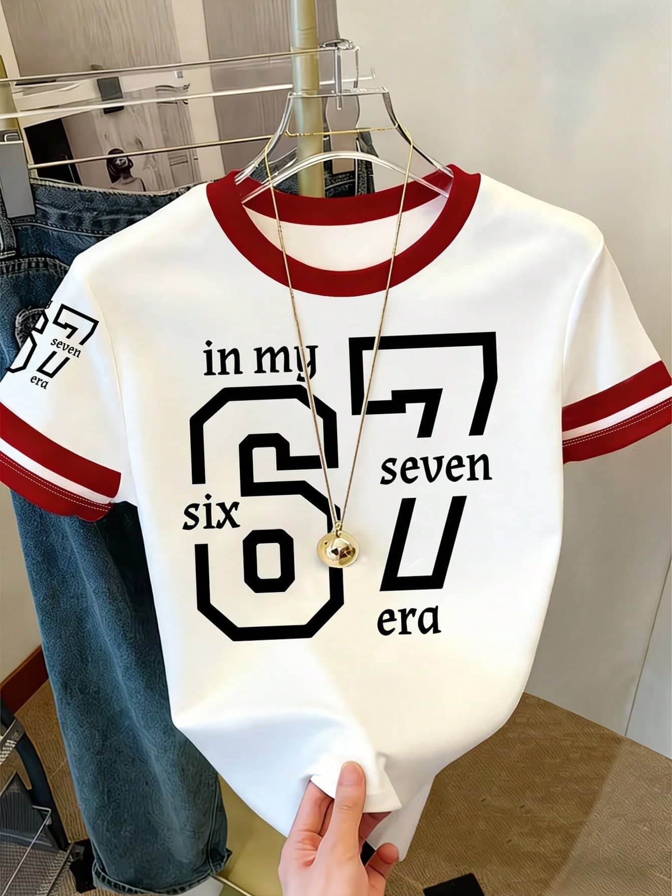 1pc Teen Girl Fitted Short Sleeve Round Neck Graphic T-Shirt,Black And White,Summer,Athletic,Holiday,Back-To-School,67 Six Seven Printed Y2k Top