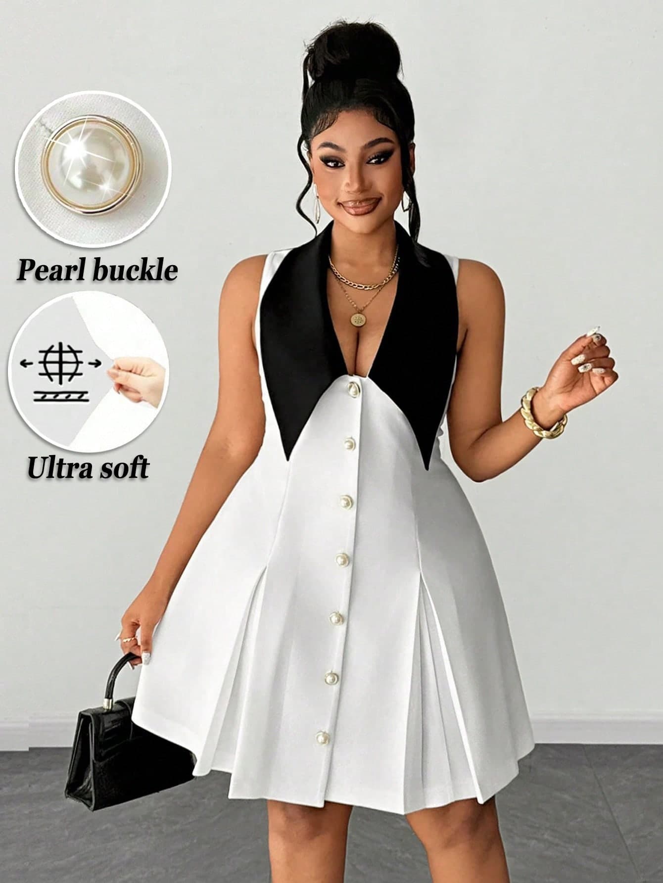 Maweii Plus Size Women's Black And White Summer Elegant Formal A-Line Dress,Knitted High-Stretch Sleeveless Contrast Color Collar Pearl Button Pleated Dress