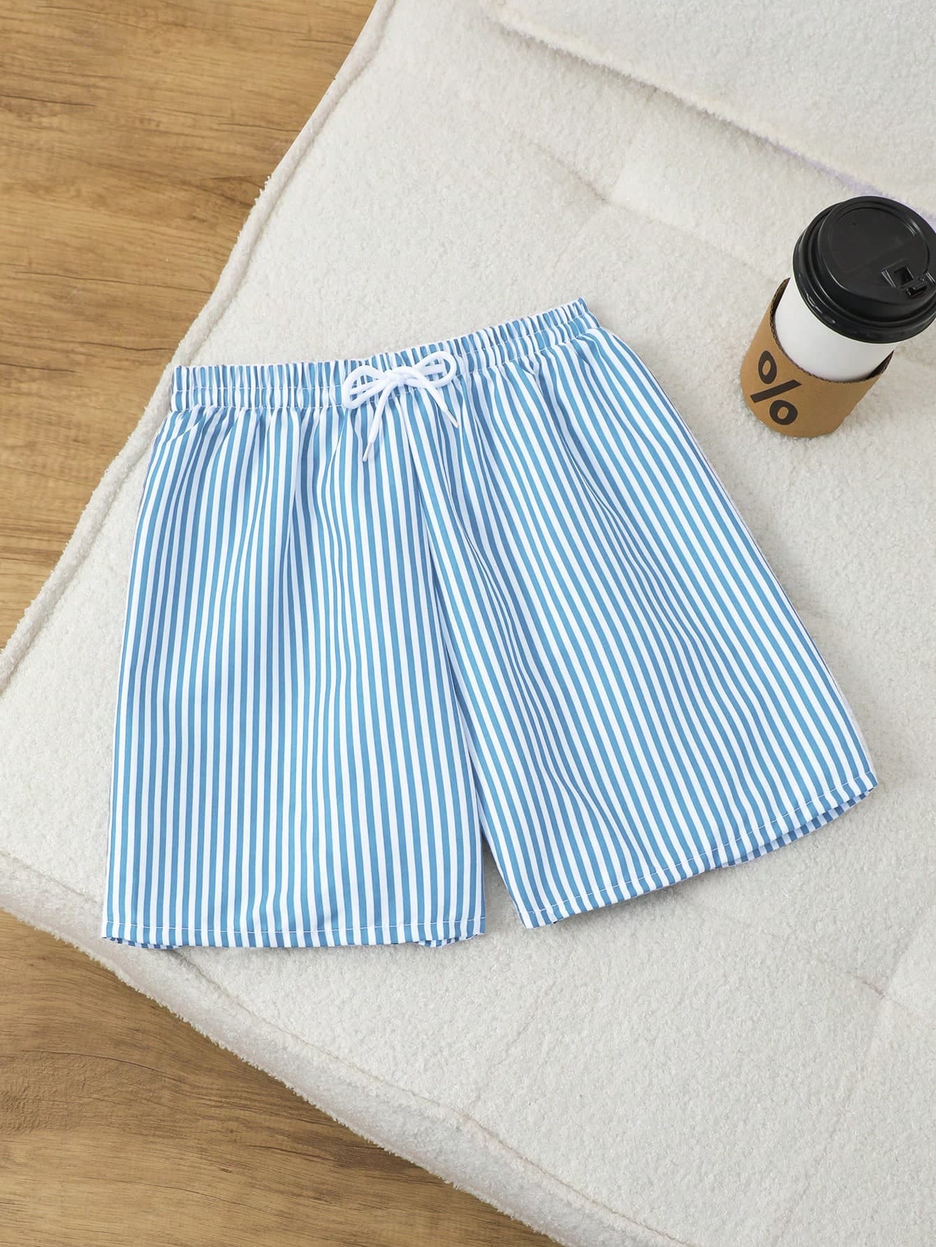 SHEIN Boys' Blue And White Stripe Beach Pants,Summer Casual Vacation Quick Drying Shorts With Elastic Drawstring Waist,Skin Friendly Breathable Swim Pool