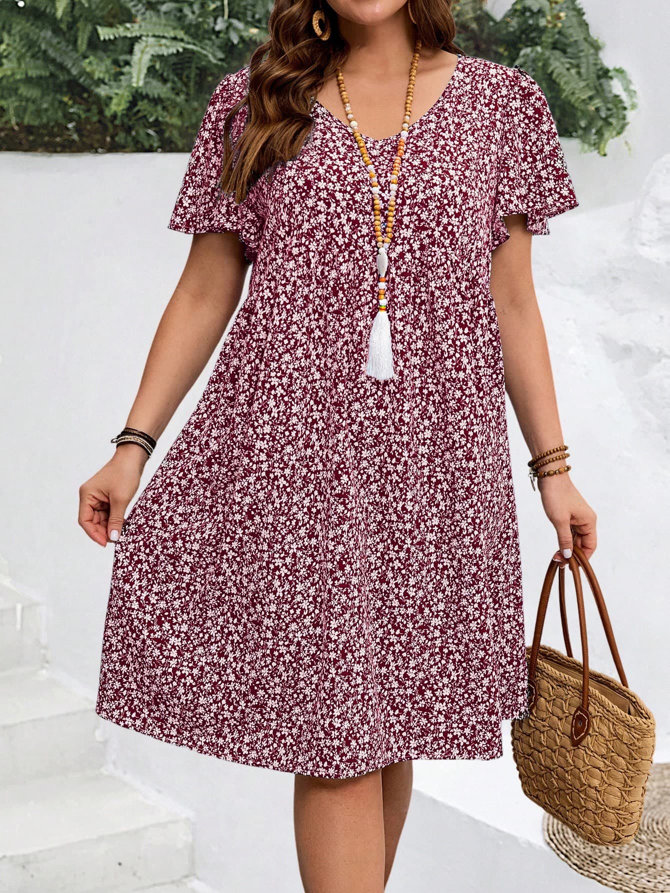EMERY ROSE Plus Size Women's Summer Ditsy Floral Ruffle Sleeve Holiday Dress
