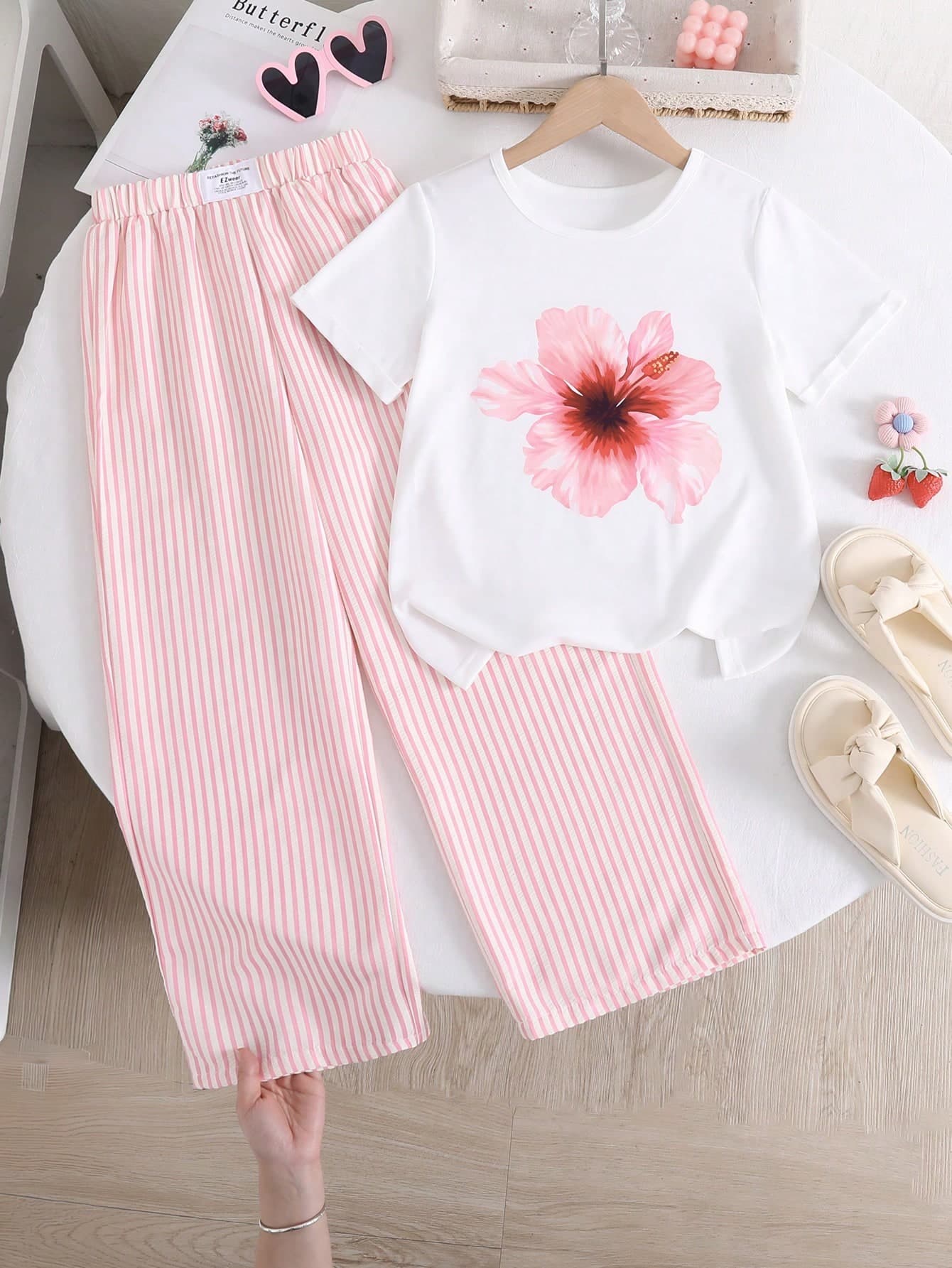 Girls' Casual Cute Plaid Cherry Print T-Shirt And Pants Set
