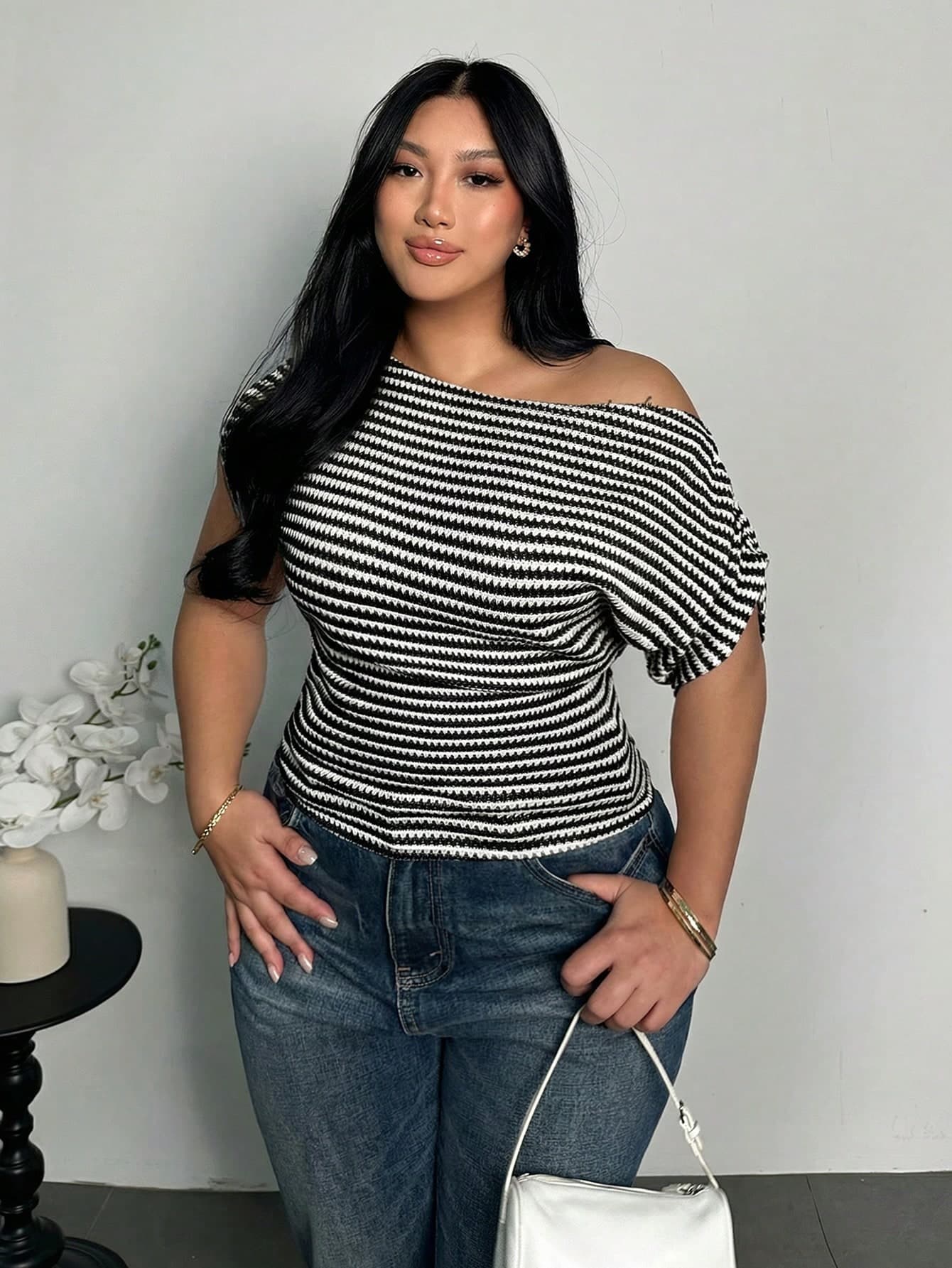 Firerie Plus Size Women's Black And White Striped Textured Asymmetrical Shoulder Ruched Batwing Sleeve T-Shirt Top,Summer Smart Casual Everyday Work Wear