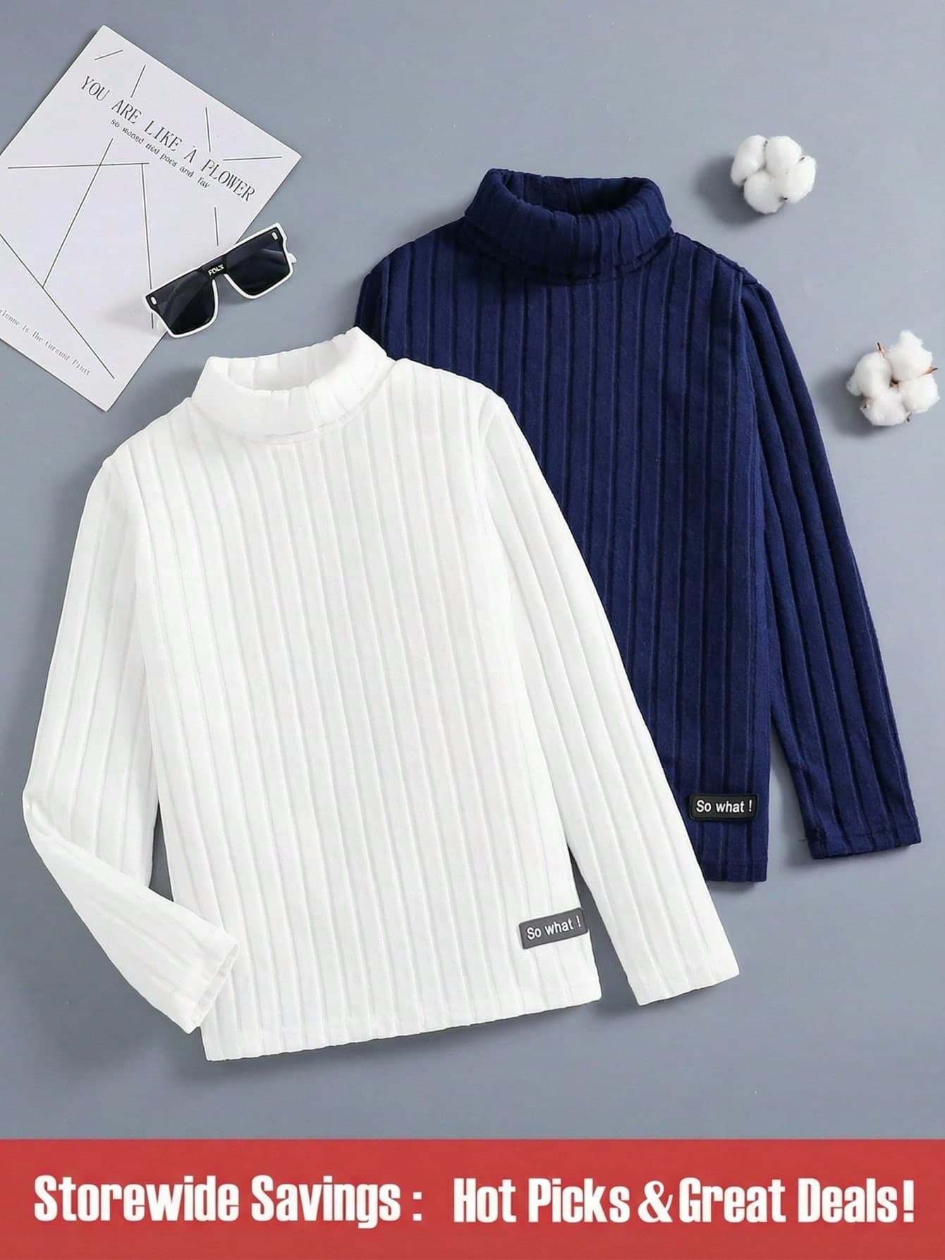 SHEIN 2pcs Tween Boy Letter Graphic Ribbed Turtleneck Long Sleeve T-Shirt Suitable For Autumn Wear Or Layering School White Navy Blue Casual