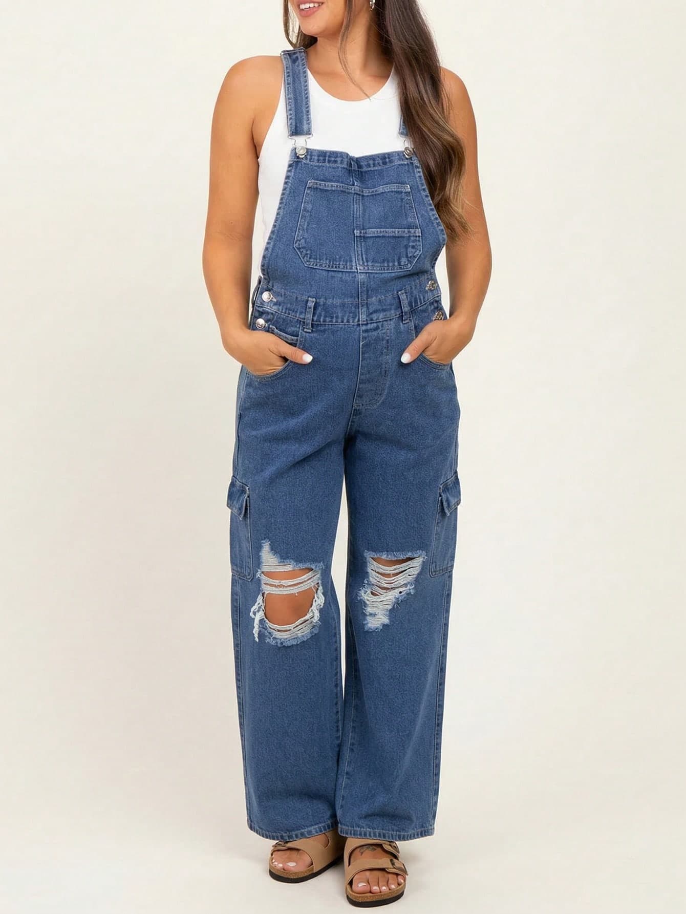 SHEIN Maternity Loose Fit Ripped Denim Jumpsuit With Pockets