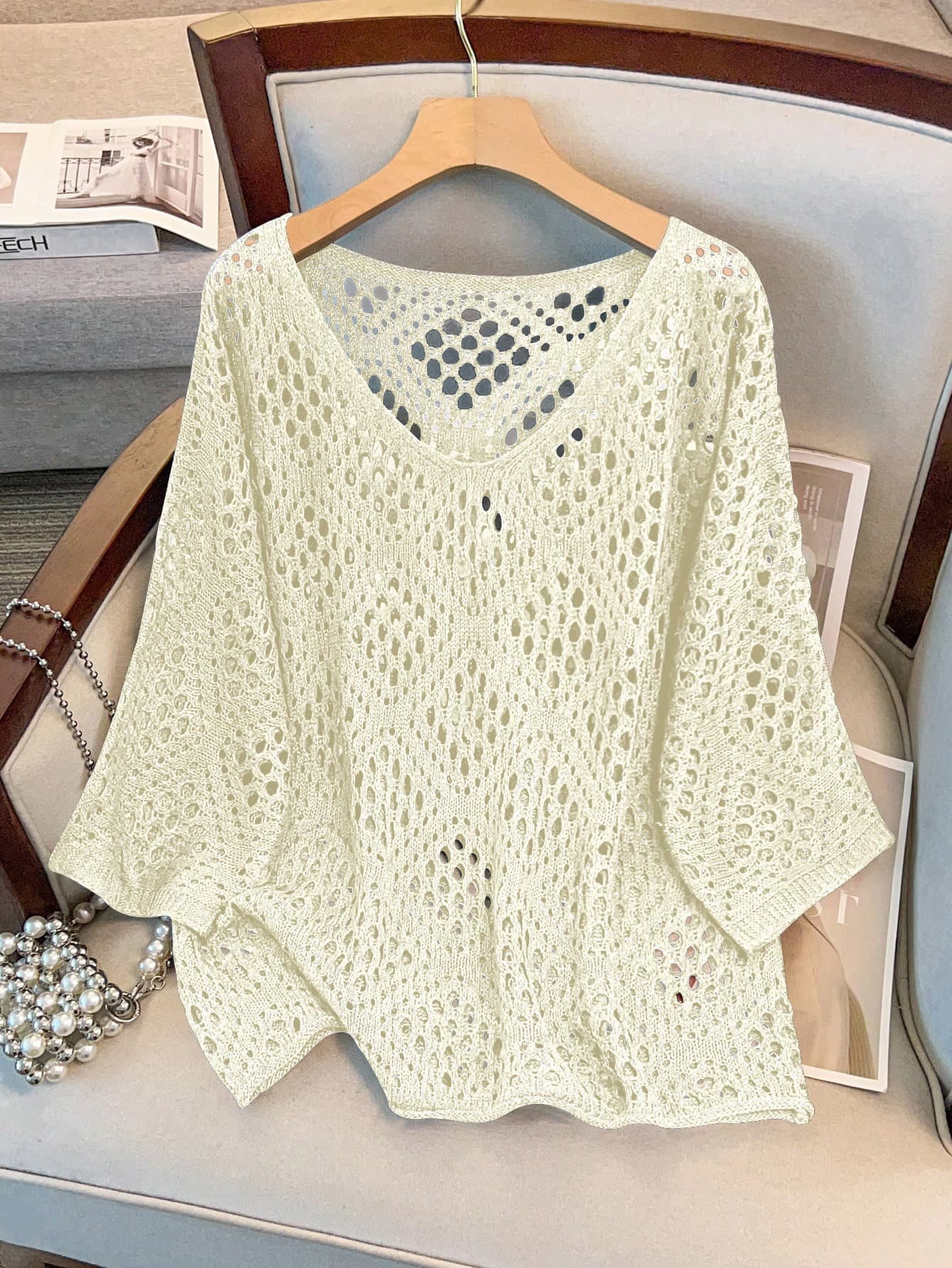 GlowEve CURVE Plus Size Women's Perforated 3/4 Sleeve Knit Sweater Fall