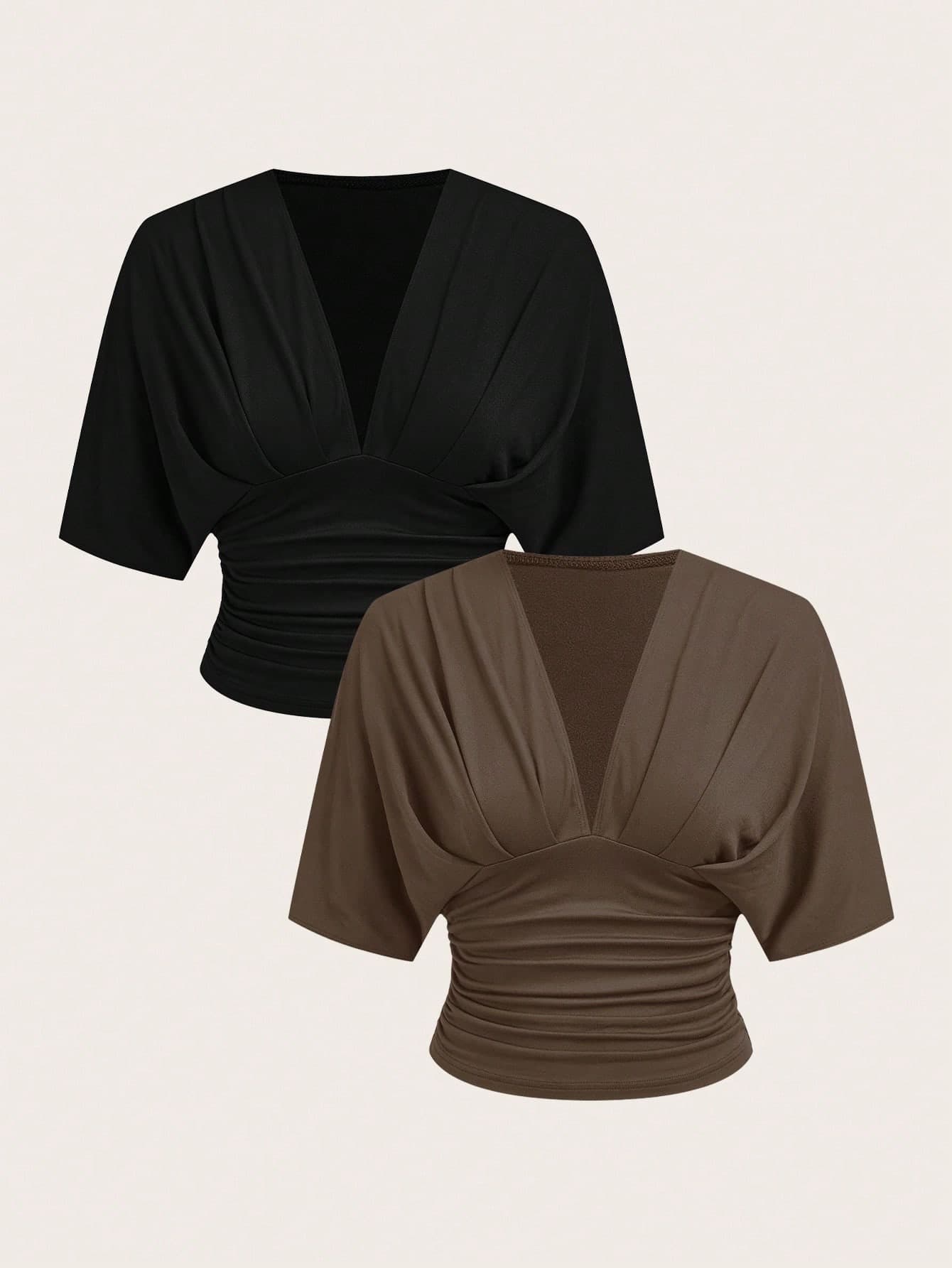 Aloruh 2pcs Casual Elegant Deep V Ruched Short Sleeve Top, Loose Tight Bottom Women T-Shirt, V-Neck Versatile For Spring,Summer Women's Tops
