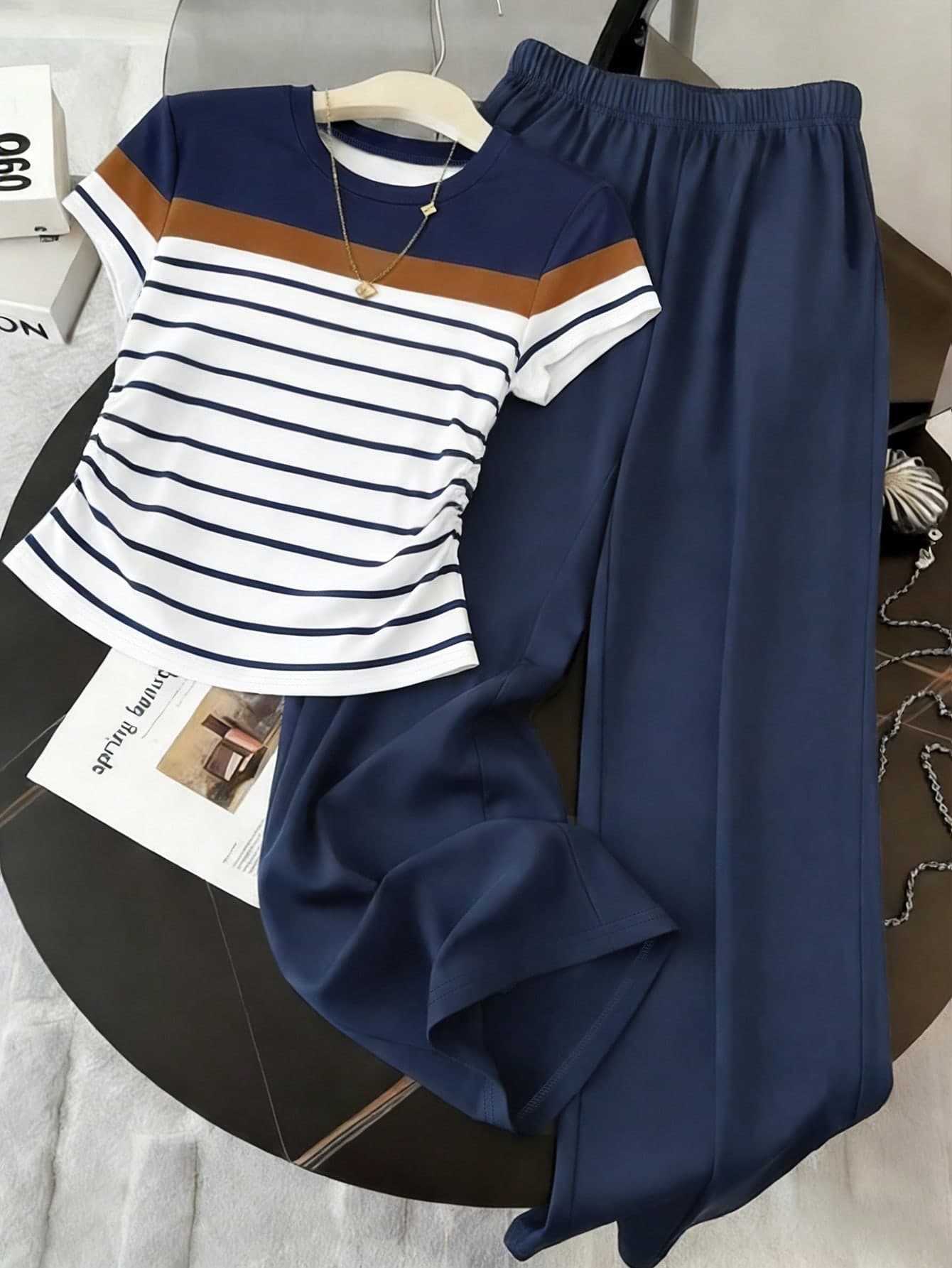 Resyla Women's Waist Cinching T-Shirt And Pants Set,Navy Blue And White Striped Print Design,Summer Casual Vacation Outdoor Top,Elegant Pattern,Daily Wear