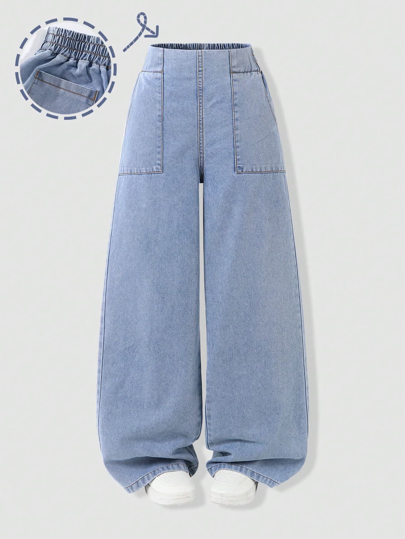 SHEIN Tween Girls Light Blue High Waisted Wide Leg Jeans,Back-To-School Autumn Casual School Cotton Denim Loose Straight Leg Silhouette Elastic Waistband
