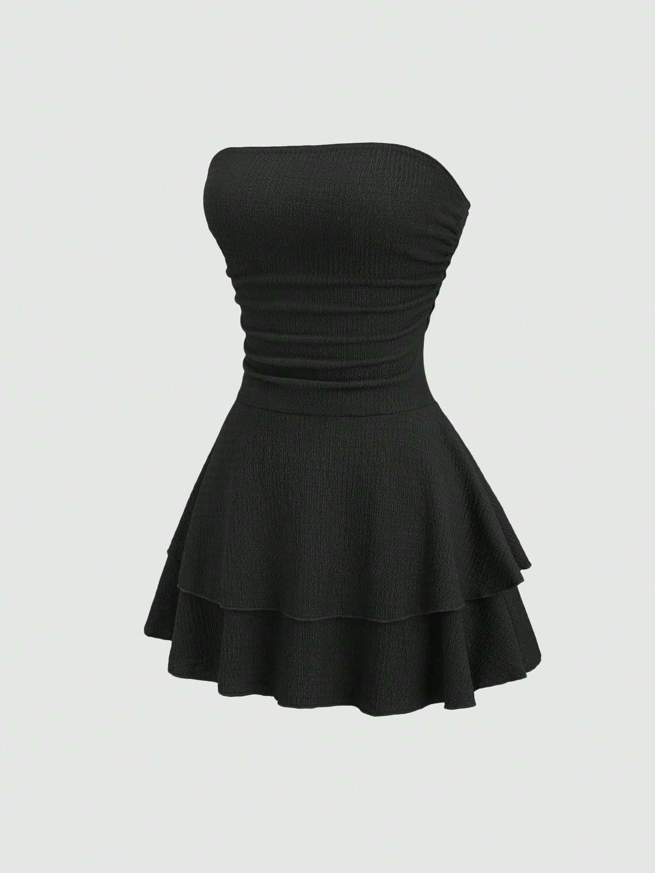 Sweetra Women's New Minimalist Solid Color Strapless Knit Mini Dress, Multi-Layer Cake Dress