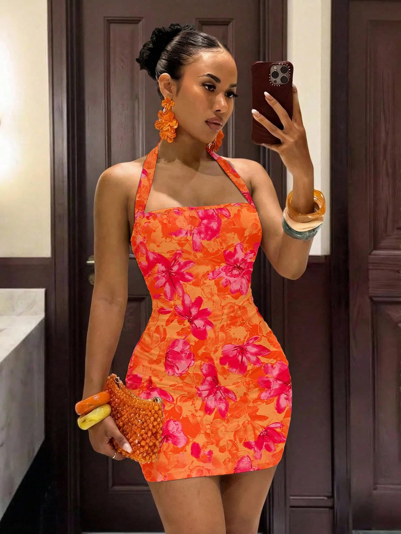 Slaydiva Women's Burnt Orange Floral Print Halter Neck Tie Mini Dress,Slim Fit Sleeveless Boho Y2k Casual Summer Holiday Vacation Holiday Wedding Guest Attire