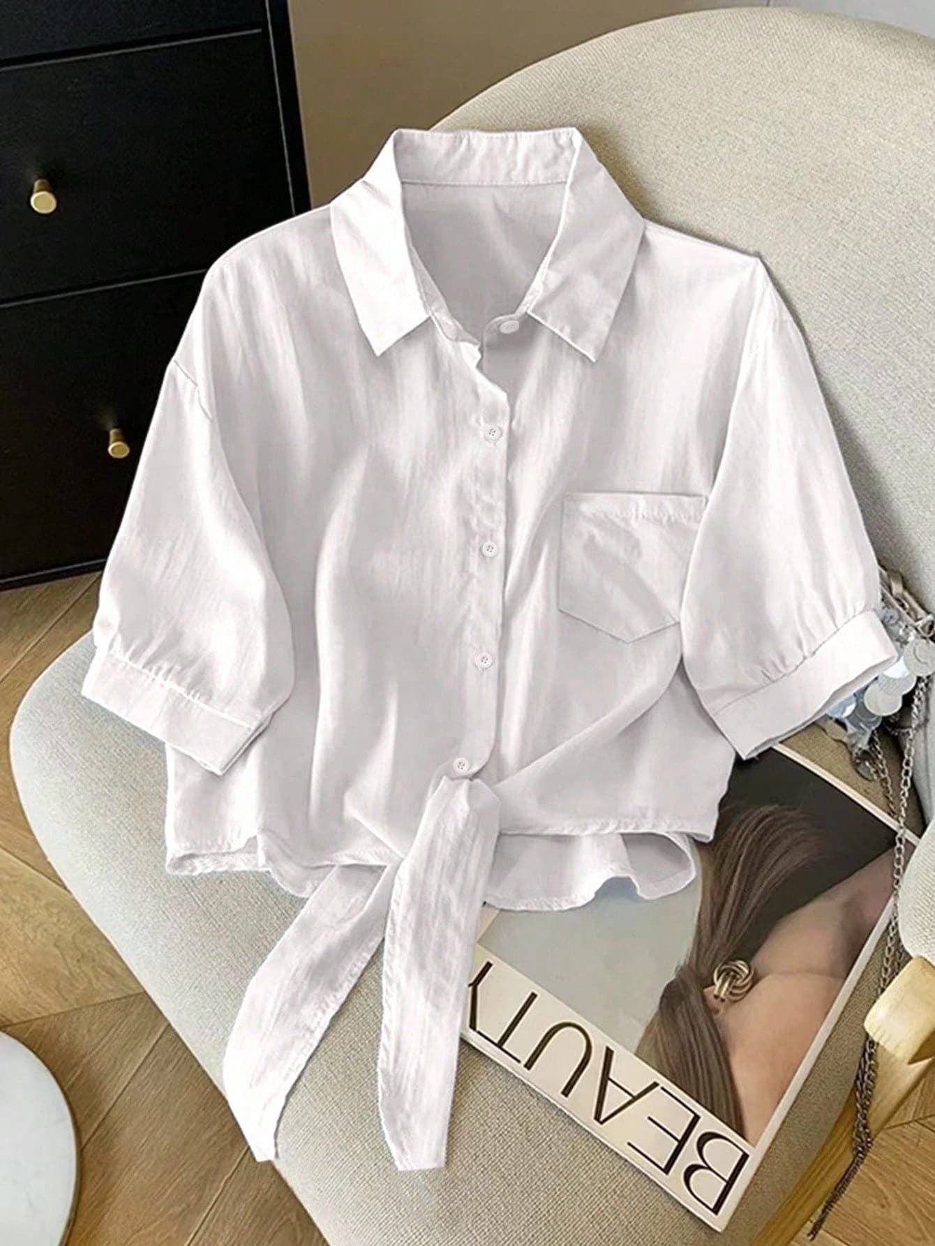Resyla New Casual Retro Women Lapel Short Sleeve Tie-Up Sun Protection Shirt