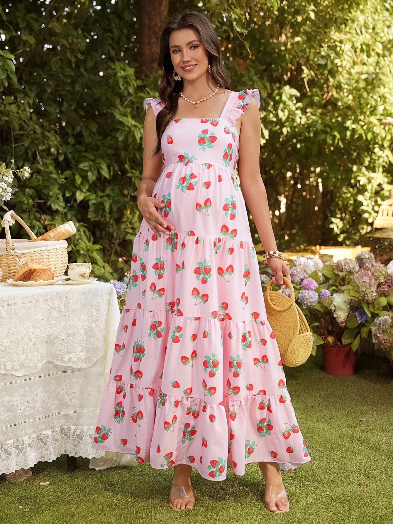 SHEIN Pink Summer Fairy Maternity Holiday Strawberry Print Ruffle Hem Cap Sleeve Dress,Pregnancy Dresses For Photoshoot,Baby Shower Tea Party Picnic Dress
