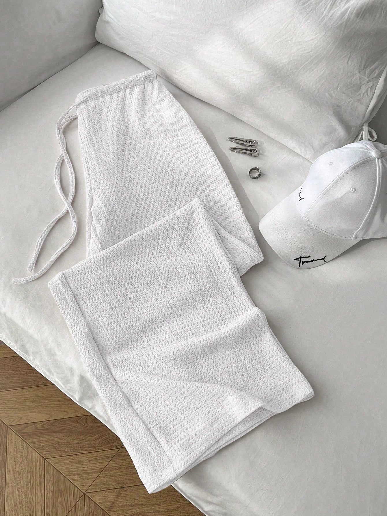 Flirla Women's Vintage Textured Relaxed Fit Low-Waist Casual Pants, Slimming Solid Color Straight Leg Trousers For Spring Women's Loungewear White Pants Set