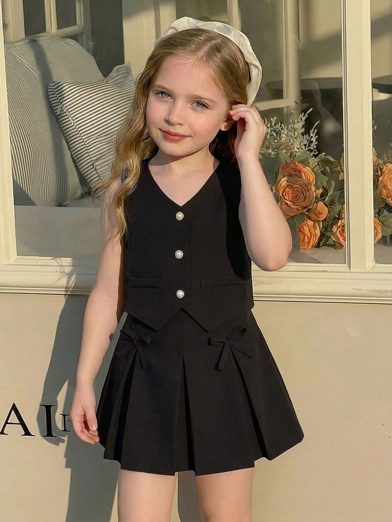 Souflis Souflis Young Girls 2-Piece Set: Sleeveless Pearl Button Vest + Bowknot Pleated Skirt, Sweet Pink, Elegant Lady Style, Casual Summer Outfit