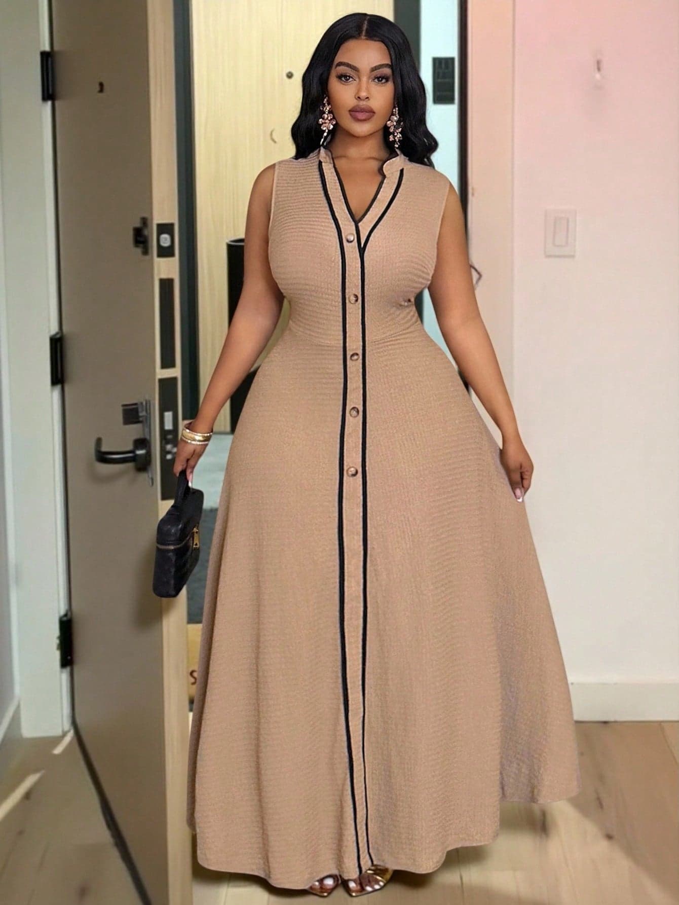 Veslaya Plus Size Women's Summer Elegant Black Contrast Trim V-Neck A-Line Maxi Dress,Sleeveless Tea Party,Khaki High-End Casual Work Outfits,Versatile Dress