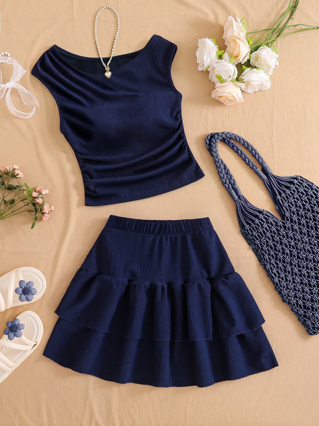 Sparklyn 2-Piece Teen Girls Summer Casual Suit,Navy Round Neck Knit Jacquard Pullover Vest & Tiered Cake Skirt Set,Fashionable Vacation Outfits