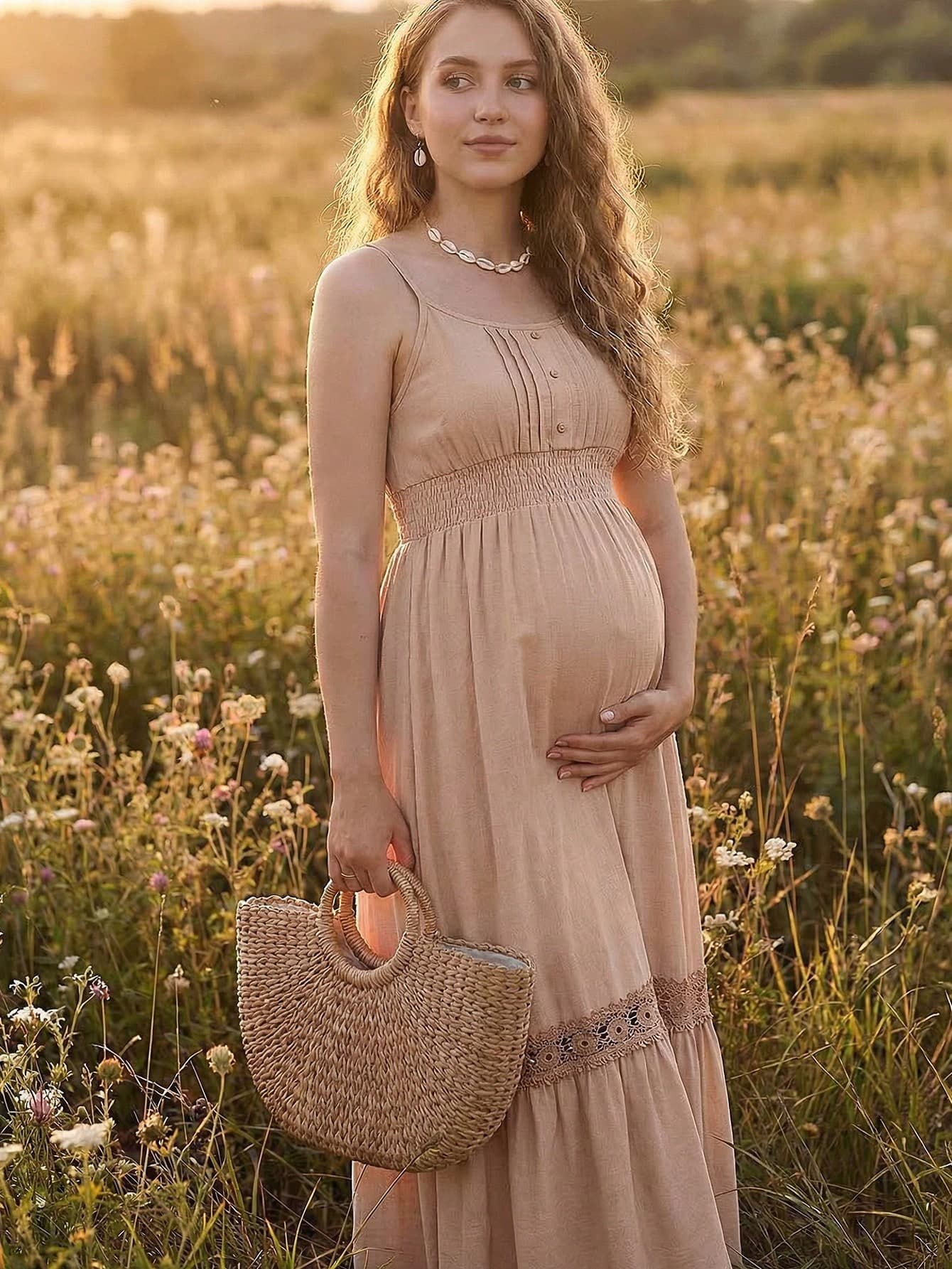 Boho Mama Pregnant Women's Ruched Waist Elegant Round Neck Casual Dress For Vacation & Daily Wear
