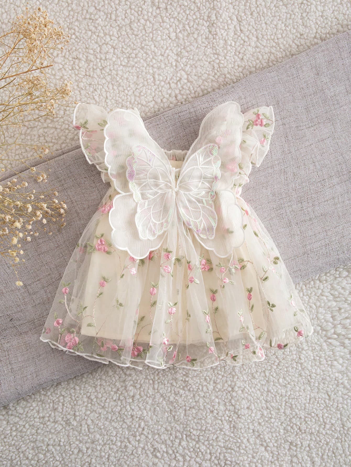 SHEIN Newborn Baby Girl Cute & Elegant Summer Mesh Floral Embroidery Dress