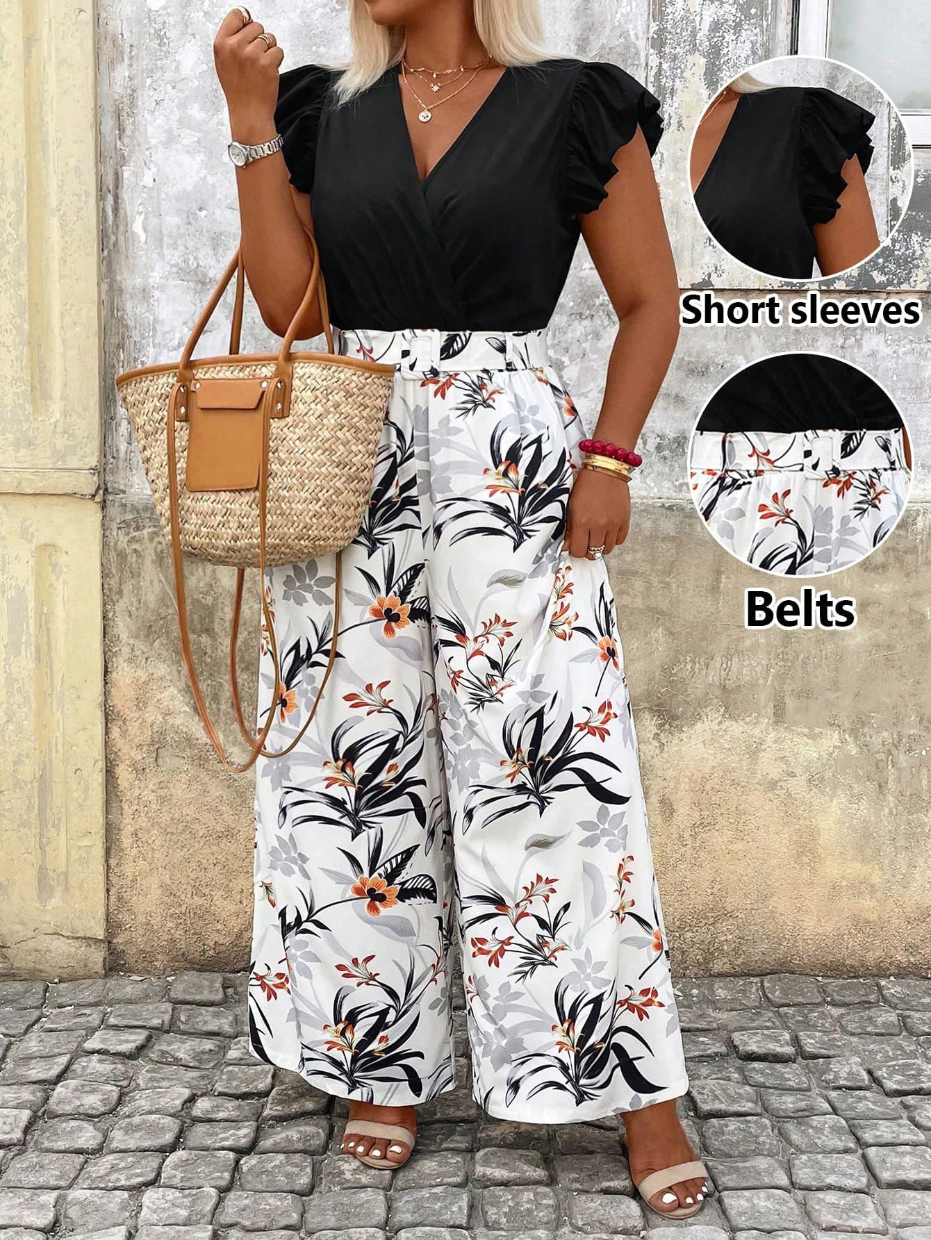 Breezaya Plus Size Women's Black And White V-Neck Ruffle Sleeve Cinched Waist Tropical Plant Print Wide Leg Pants Set,Summer Elegant Vacation Holiday Outfits