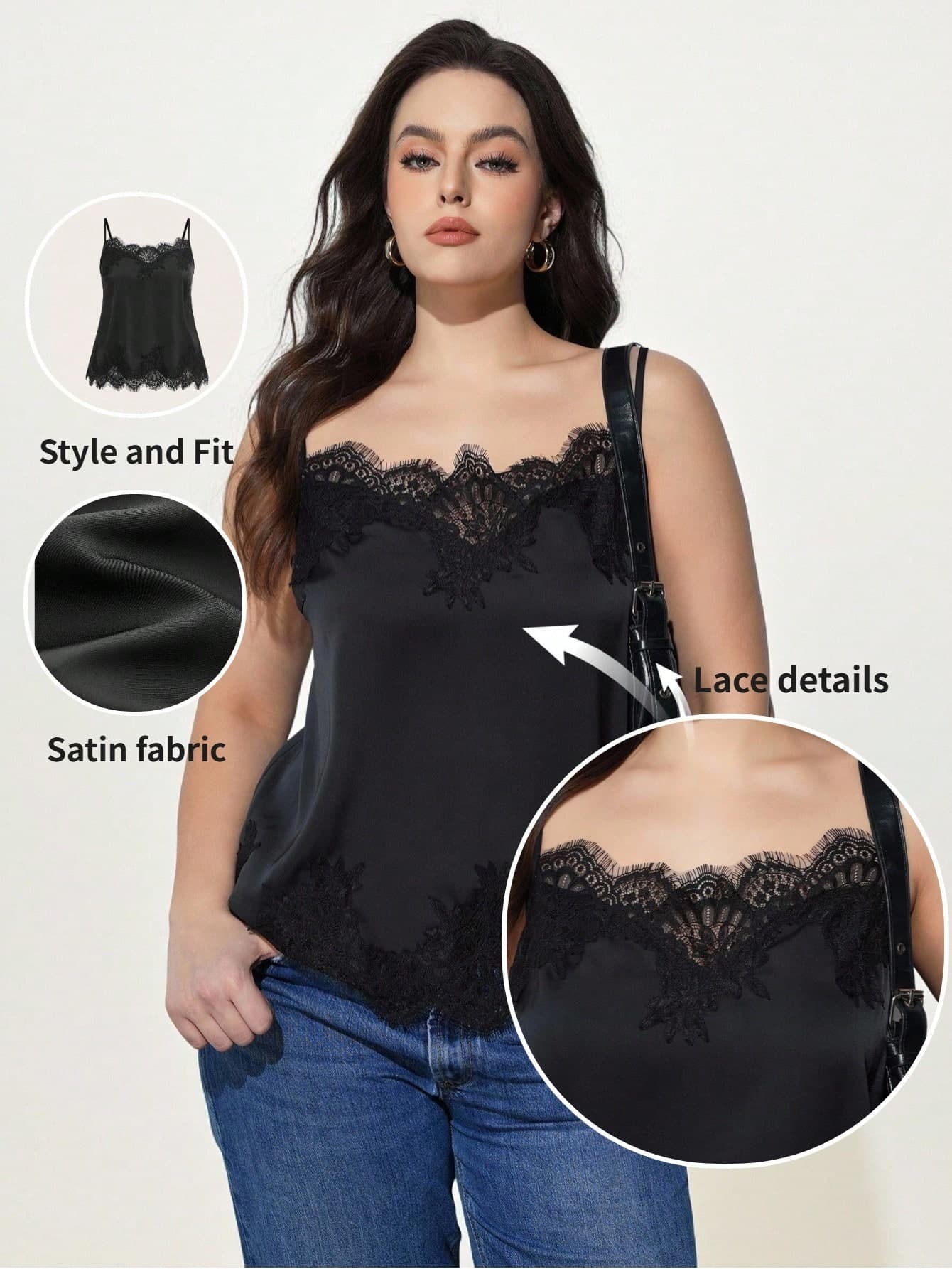 Maija Plus Size Black Lace Trim Camisole Top,Elegant Sleeveless Satin Blouse For WomenCasual Office Wear,Business,Date Night,Vintage Autumn Outfit Halloween