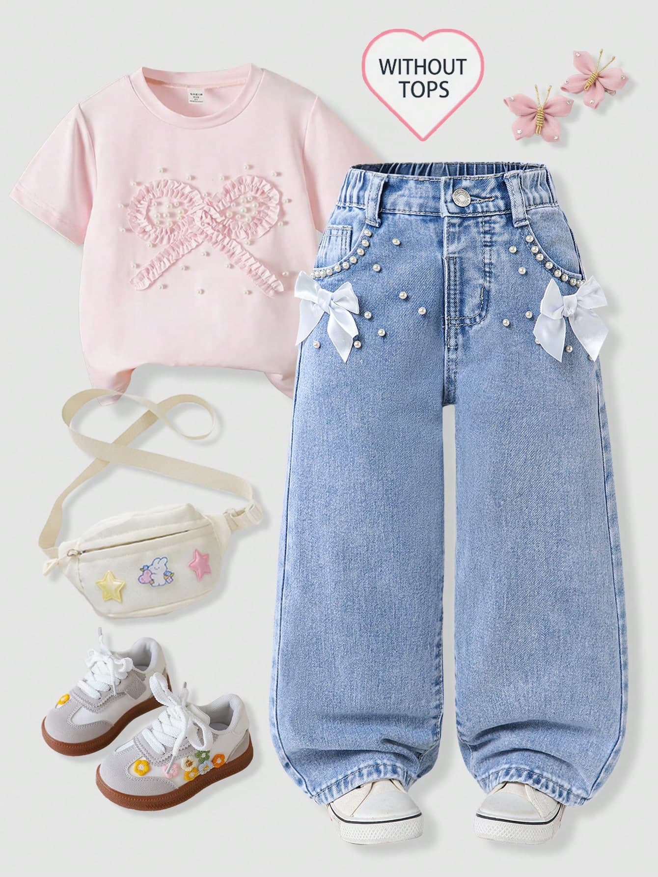 Elladie kids Young Girls Blue Cotton Denim Jeans,Back-To-School Pastoral Cute Pearl Bow Elastic Waist Loose Straight Casual Pants,Spring Summer Breathable Flowy